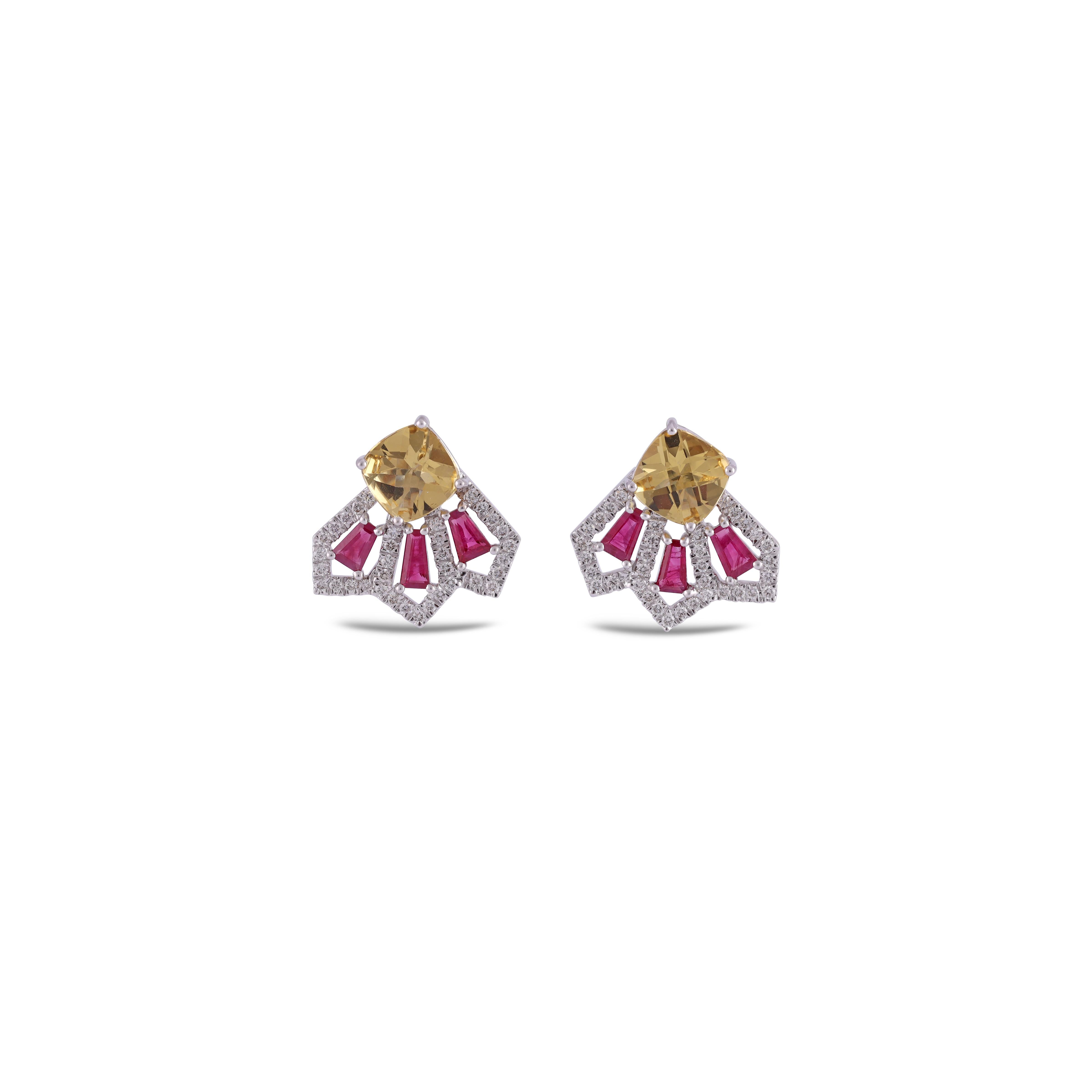 Mixed Cut 2.30 Carat Clear Ruby & Diamond Earring Studs in 18k Gold For Sale