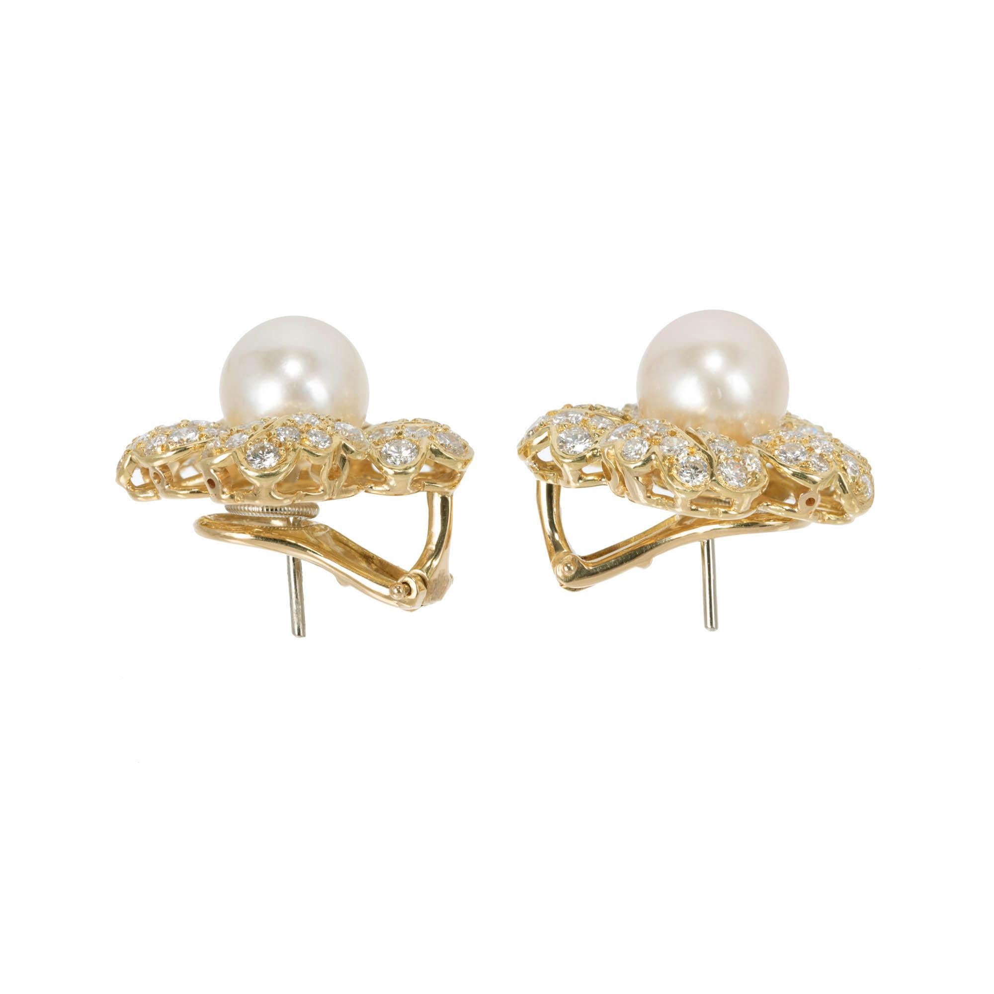 Round Cut 2.30 Carat Cultured Pearl Diamond Flower Design Gold Earrings