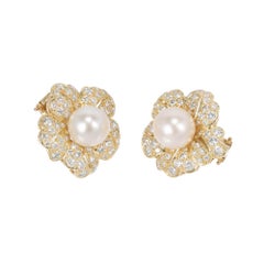 2.30 Carat Cultured Pearl Diamond Flower Design Gold Earrings