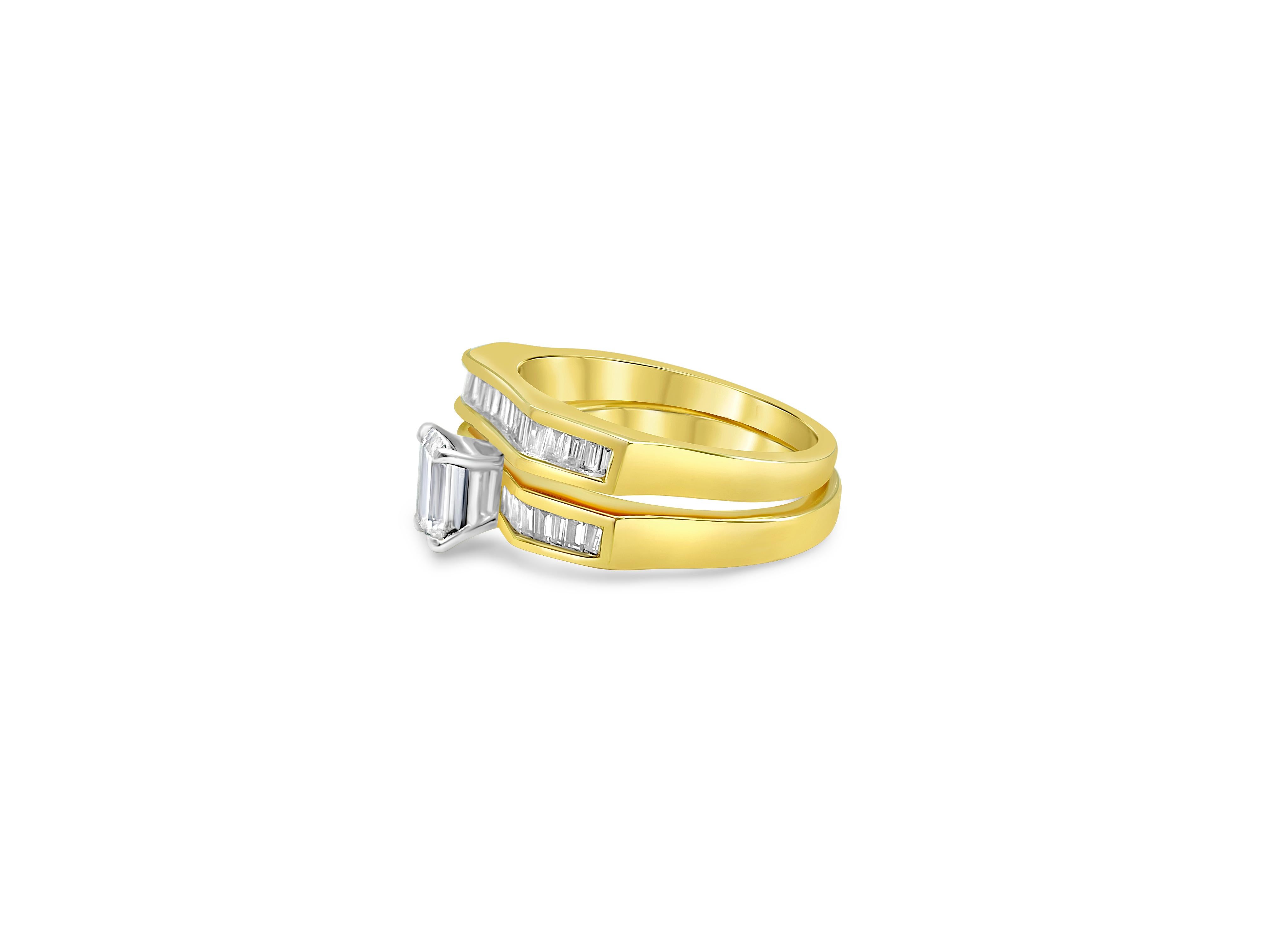Crafted from 14k yellow gold, this exquisite women's diamond ring set features a total of 2.30 carats of baguette-cut diamonds. With VS clarity and F color, these diamonds shimmer with brilliance and clarity. The set weighs 6.56 grams and is