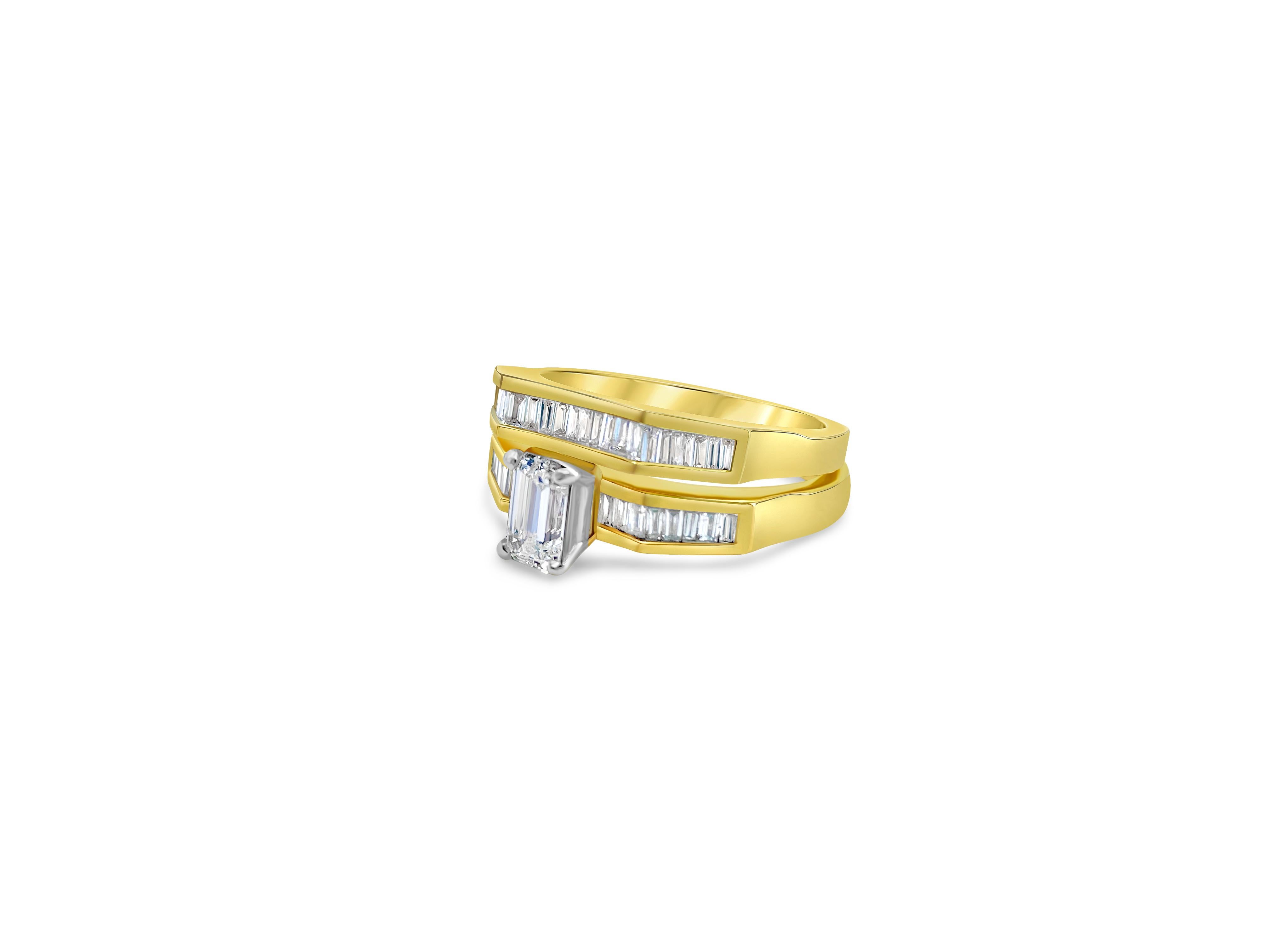 Crafted from 14k yellow gold, this exquisite women's diamond ring set features a total of 2.30 carats of baguette-cut diamonds. With VS clarity and F color, these diamonds shimmer with brilliance and clarity. The set weighs 6.56 grams and is