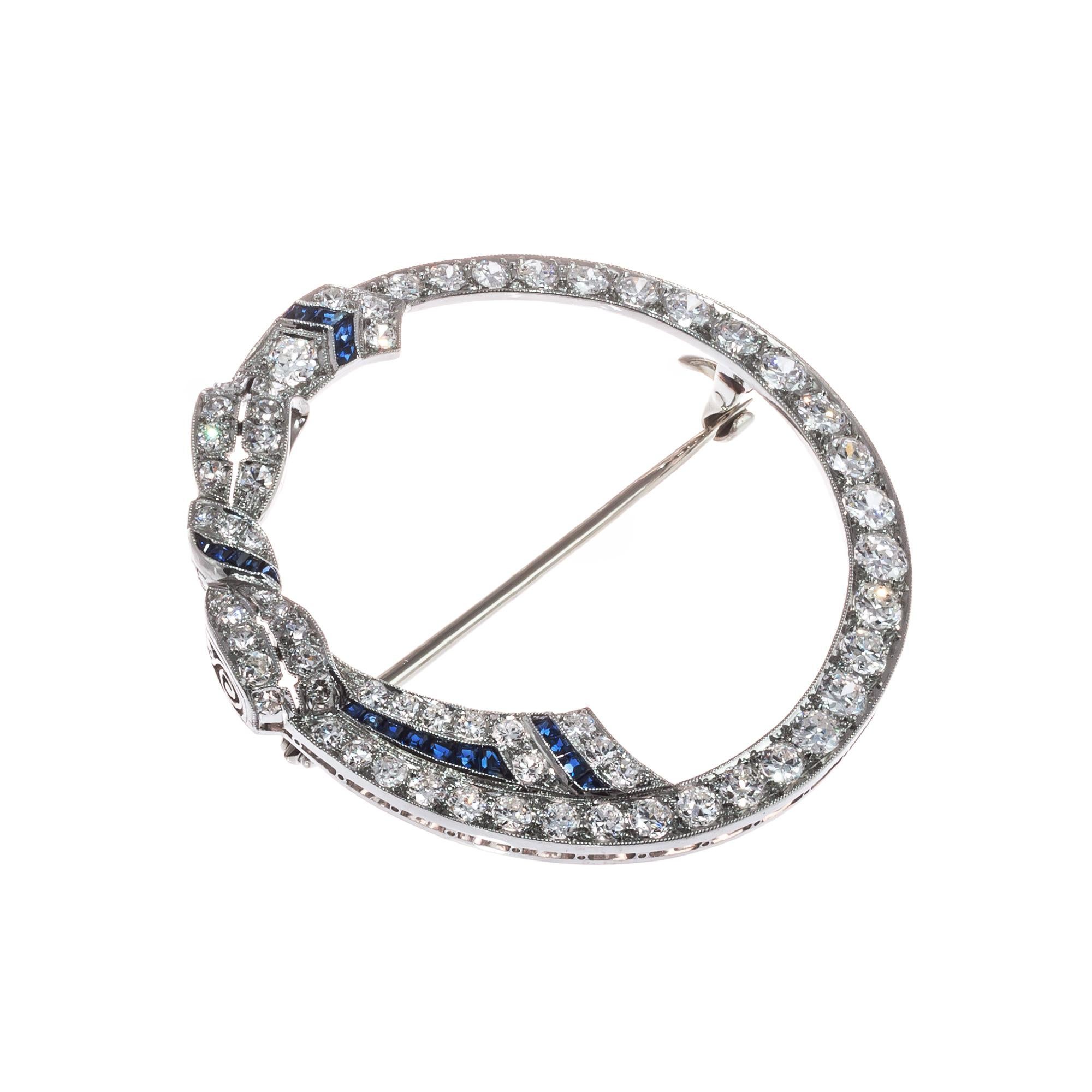 Round Cut 2.30 Carat Diamond Sapphire 14 Karat White Gold Bow Open Circle Art Deco Brooch For Sale