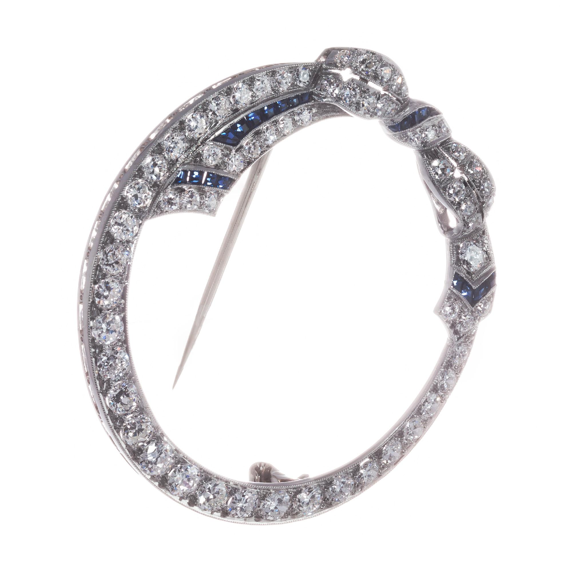 Women's 2.30 Carat Diamond Sapphire 14 Karat White Gold Bow Open Circle Art Deco Brooch For Sale
