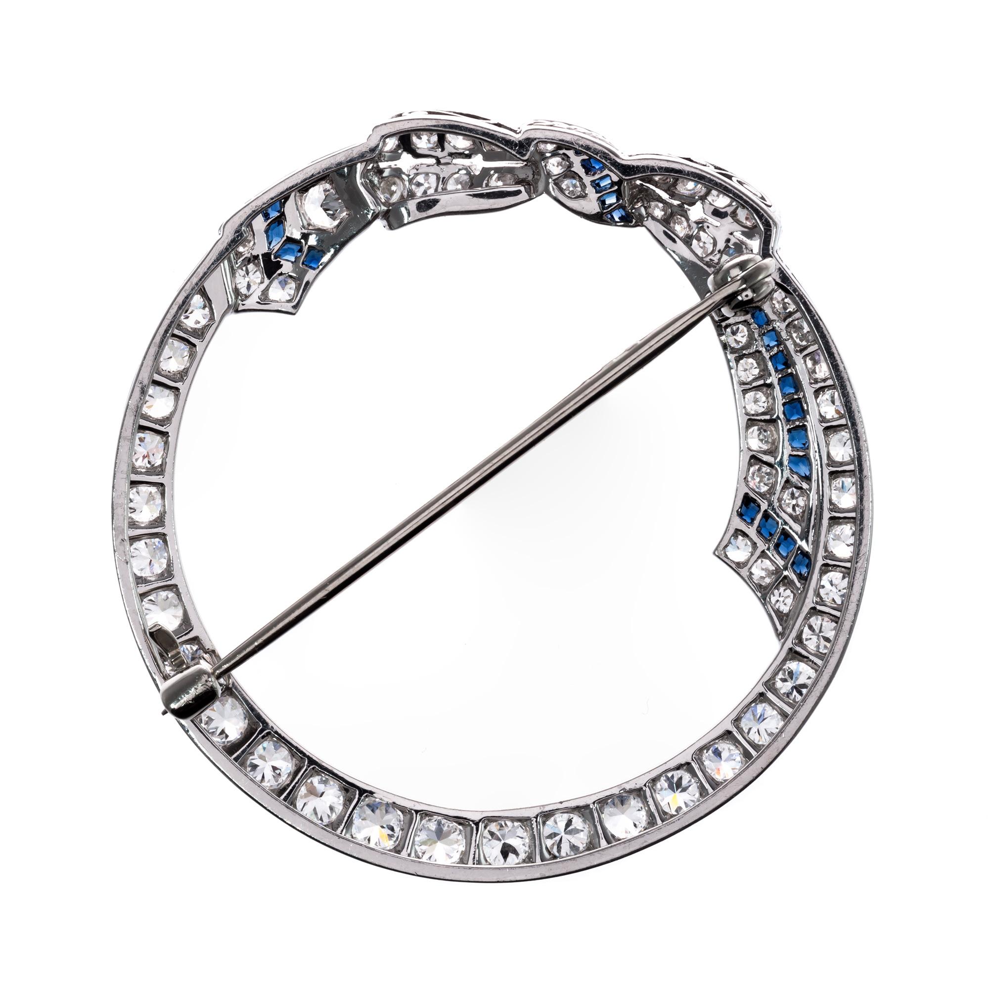 2.30 Carat Diamond Sapphire 14 Karat White Gold Bow Open Circle Art Deco Brooch For Sale 1