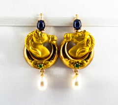 2.30 Carat Emerald Blue Sapphire Pearl Yellow Gold Stud Drop "Horses" Earrings