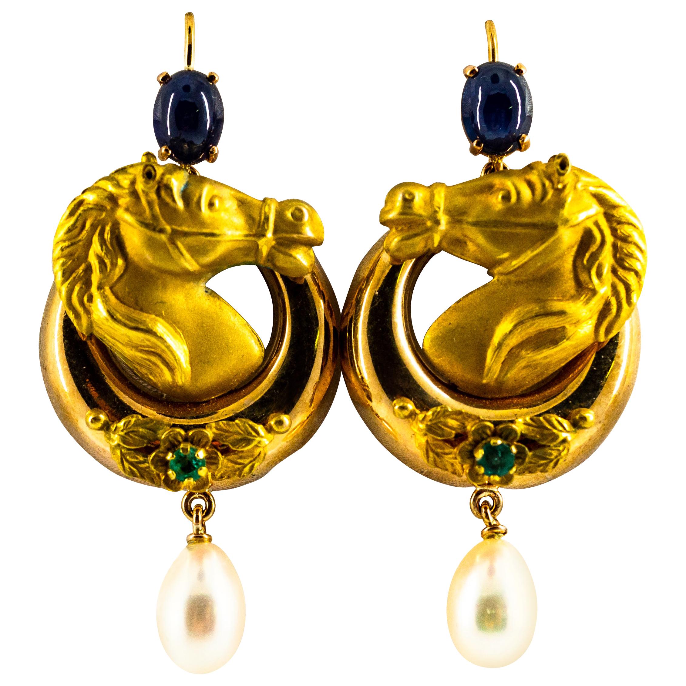2.30 Carat Emerald Blue Sapphire Pearl Yellow Gold Stud Drop "Horses" Earrings For Sale