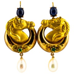 Retro 2.30 Carat Emerald Blue Sapphire Pearl Yellow Gold Stud Drop "Horses" Earrings