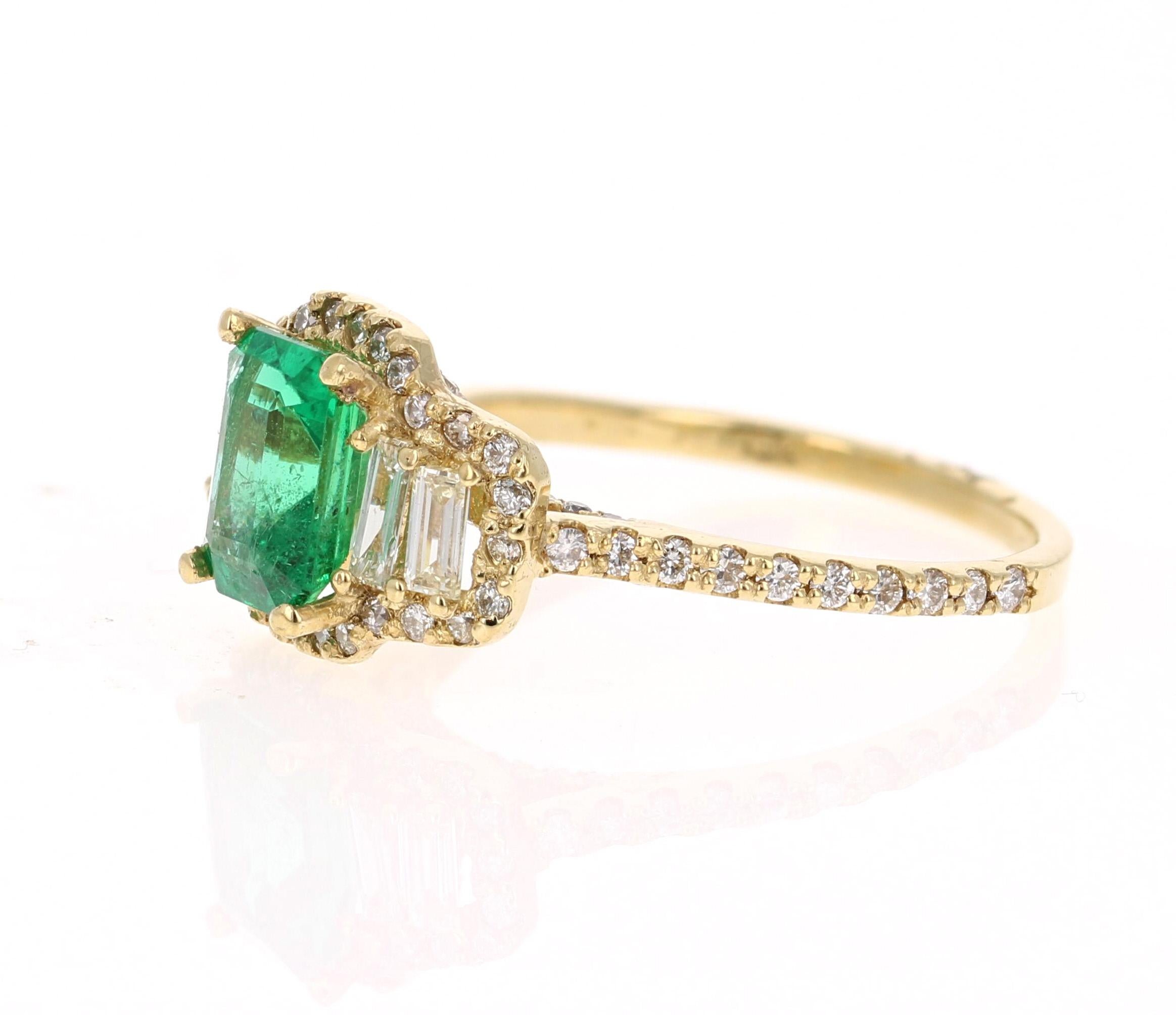 Modern GIA Certified 2.30 Carat Emerald Diamond 14 Karat Yellow Gold Three-Stone Ring  For Sale