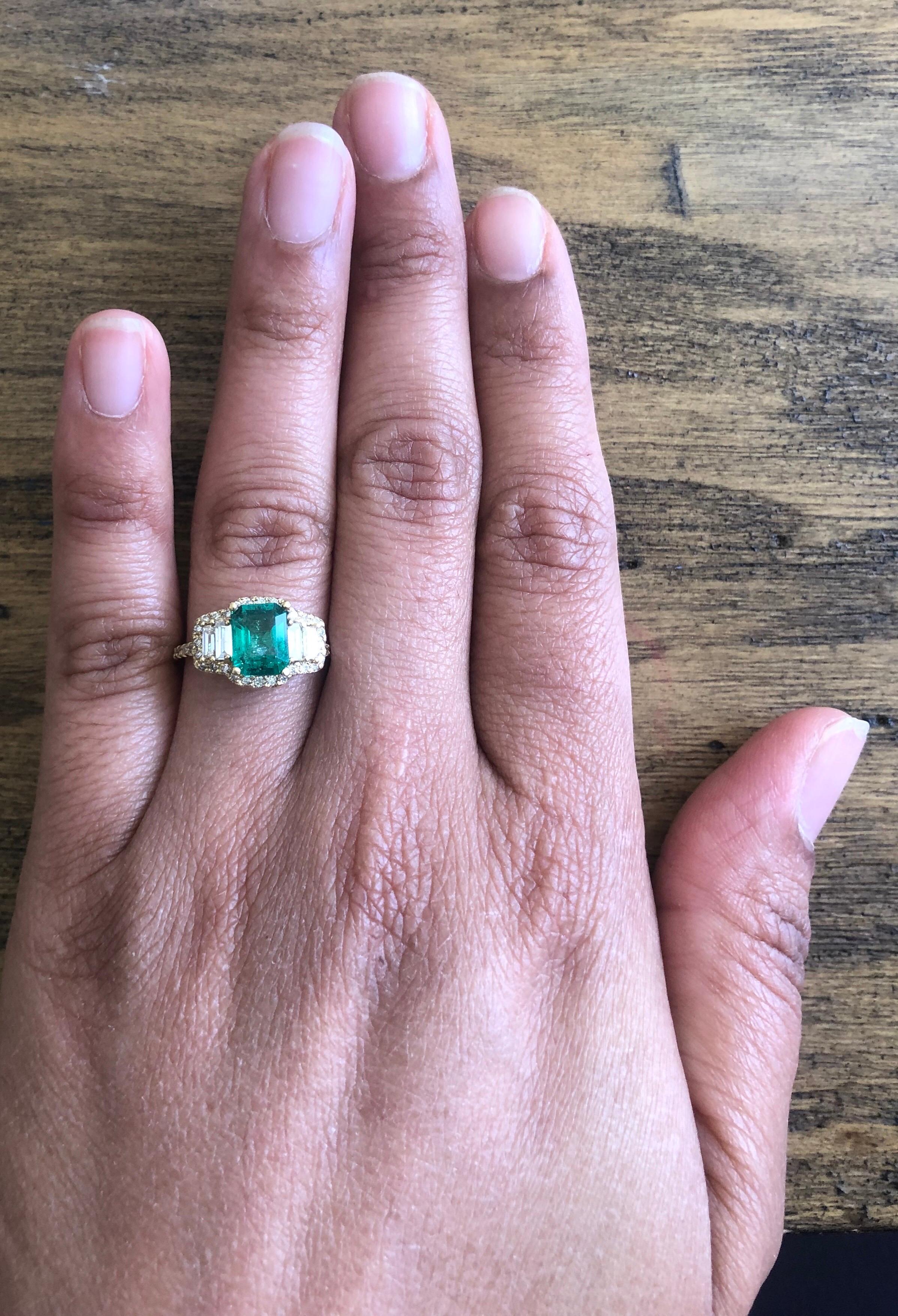 GIA Certified 2.30 Carat Emerald Diamond 14 Karat Yellow Gold Three-Stone Ring  In New Condition For Sale In Los Angeles, CA
