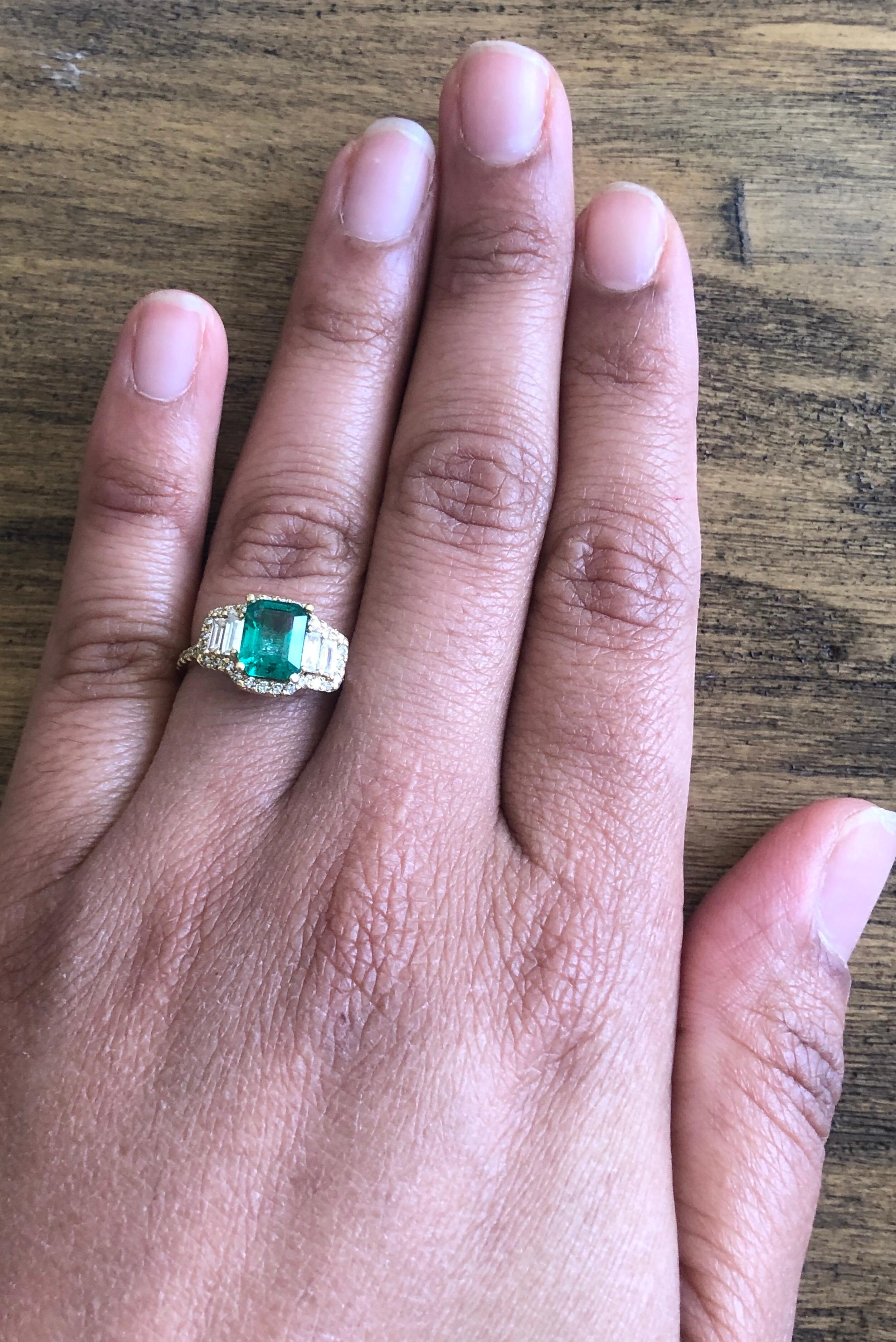 Women's GIA Certified 2.30 Carat Emerald Diamond 14 Karat Yellow Gold Three-Stone Ring  For Sale