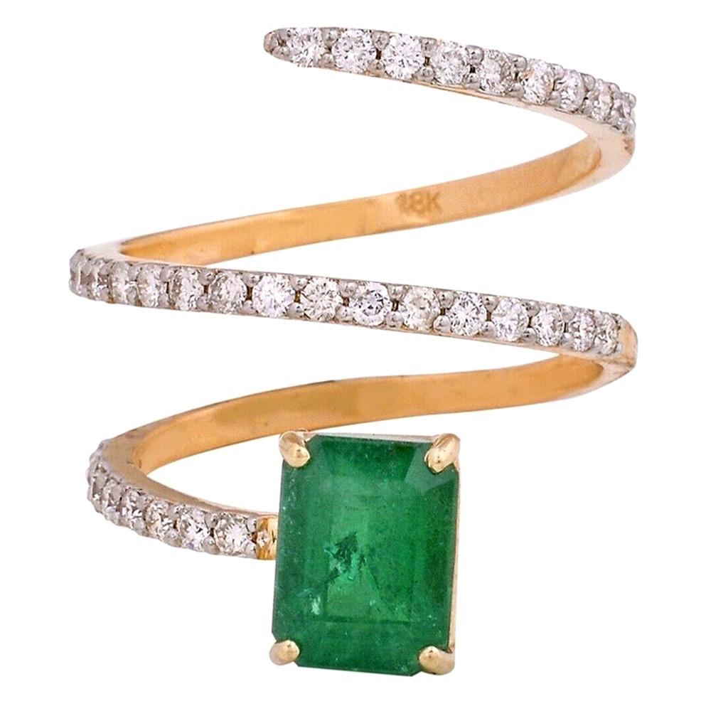 2.30 Carat Emerald Diamond 18 Karat Yellow Gold Spiral Ring