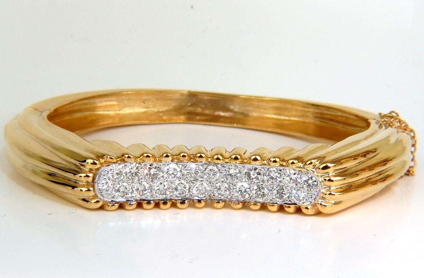 2.30 Carat Inverted Arch Grilled Wave Retro 14 Karat Diamonds Bangle Bracelet For Sale 2