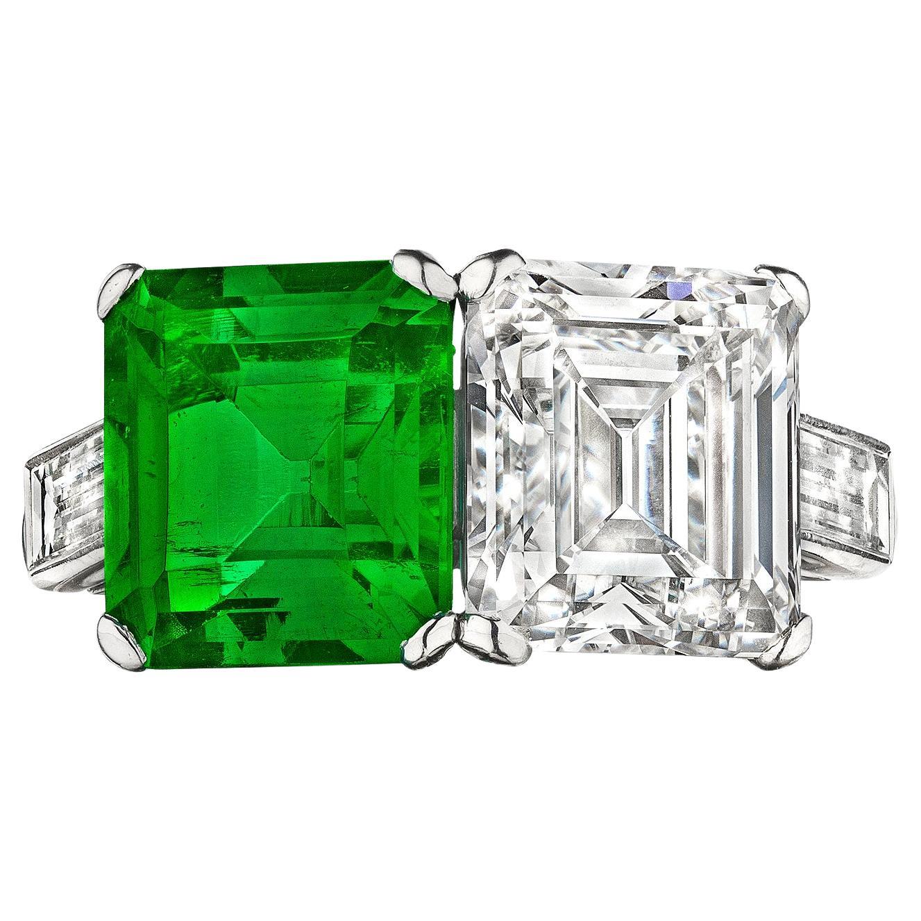 2.30 Carat Natural Columbian Emerald 2.82 Diamond Platinum Two Stone Ring For Sale