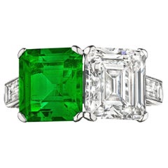 2.30 Carat Natural Columbian Emerald 2.82 Diamond Platinum Two Stone Ring