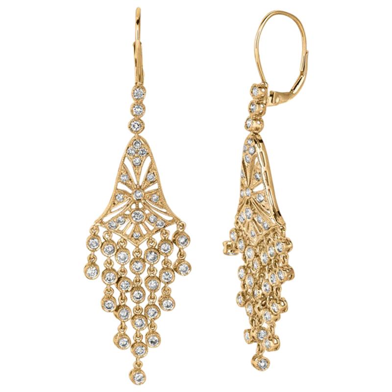 Boucles d'oreilles chandelier en or jaune 14 carats avec diamants naturels de 2,30 carats G SI