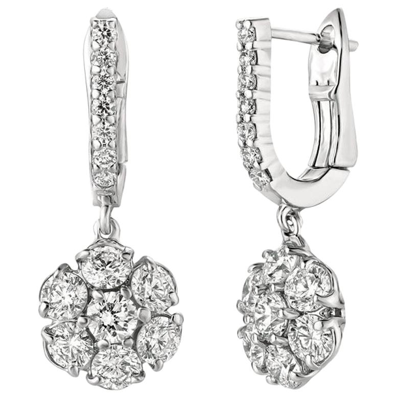 2.30 Carat Natural Diamond Flower Drop Earrings G SI 14 Karat White Gold For Sale