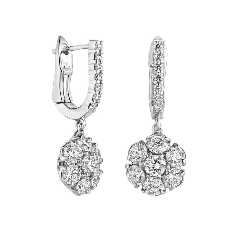 Contemporary 2.30 Carat Natural Diamond Flower Drop Earrings G SI 14 Karat White Gold For Sale