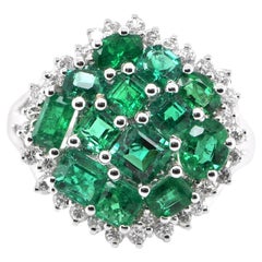 2.30 Carat Natural Emerald and Diamond Cluster Ring Set in 18 Karat White Gold
