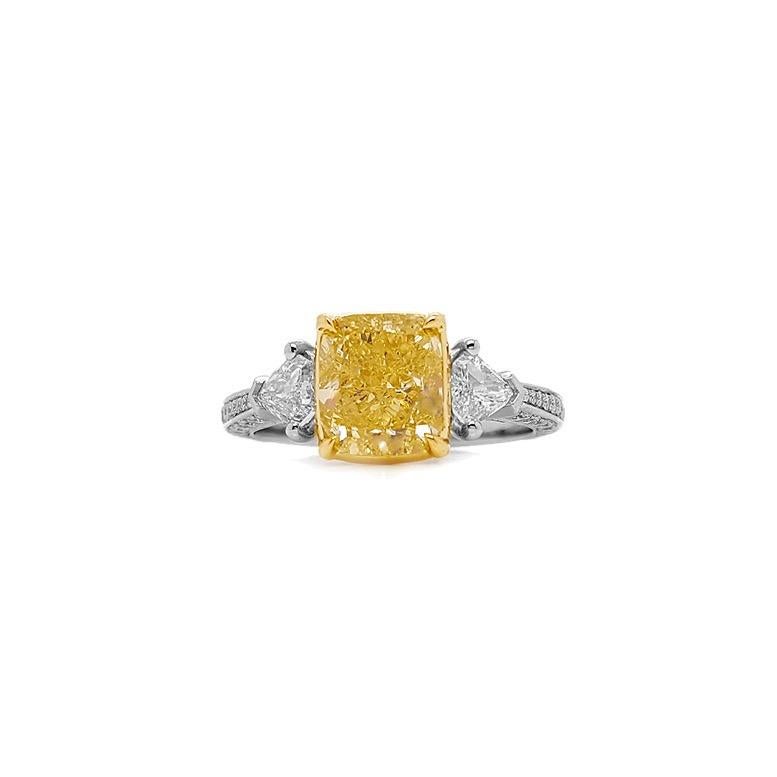 Contemporary 2.30 Carat Cushion Cut Fancy Yellow Diamond Engagement Ring Platinum GIA Report For Sale