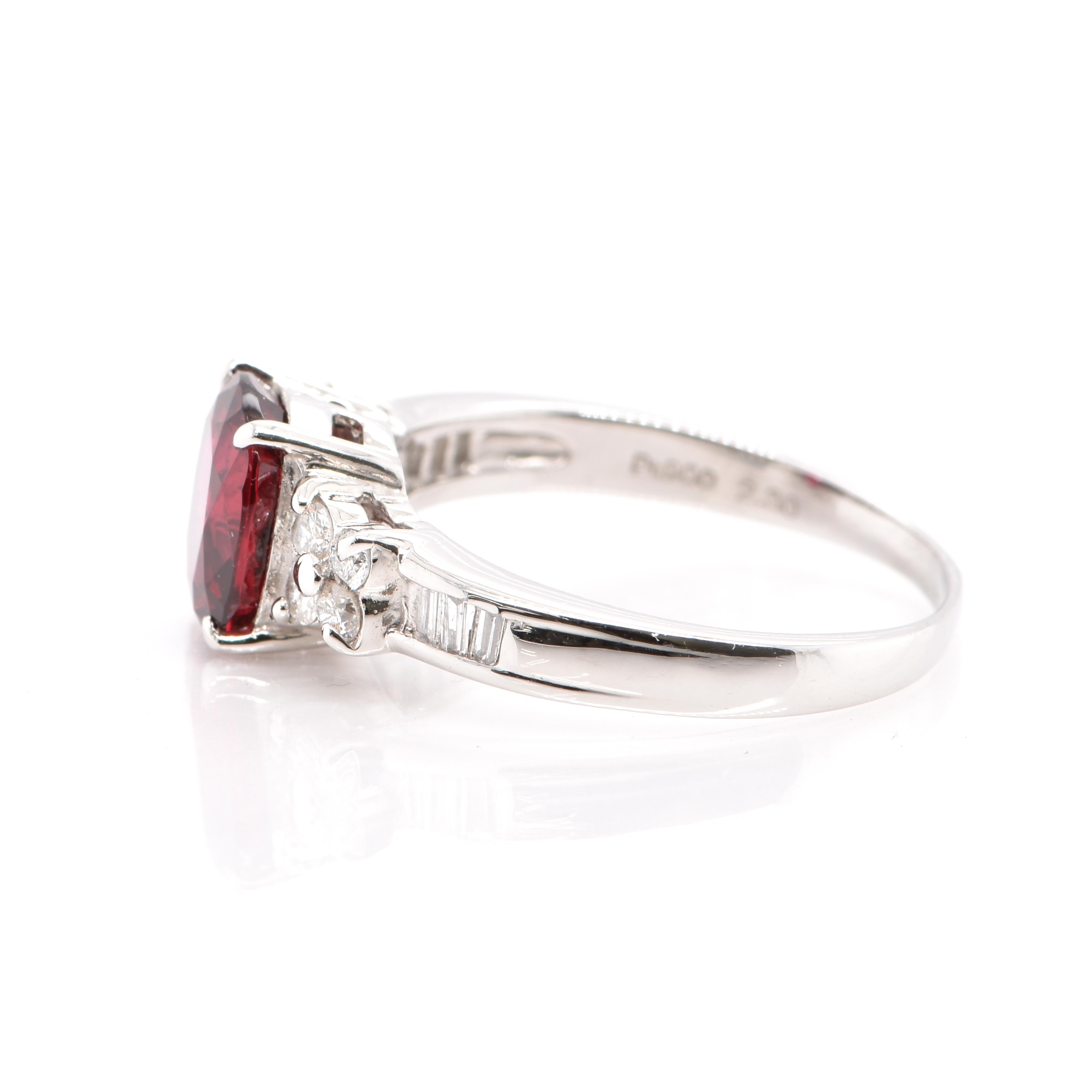 Cushion Cut 2.30 Carat, Natural, Vivid-Red Ruby and Diamond Ring Set Platinum