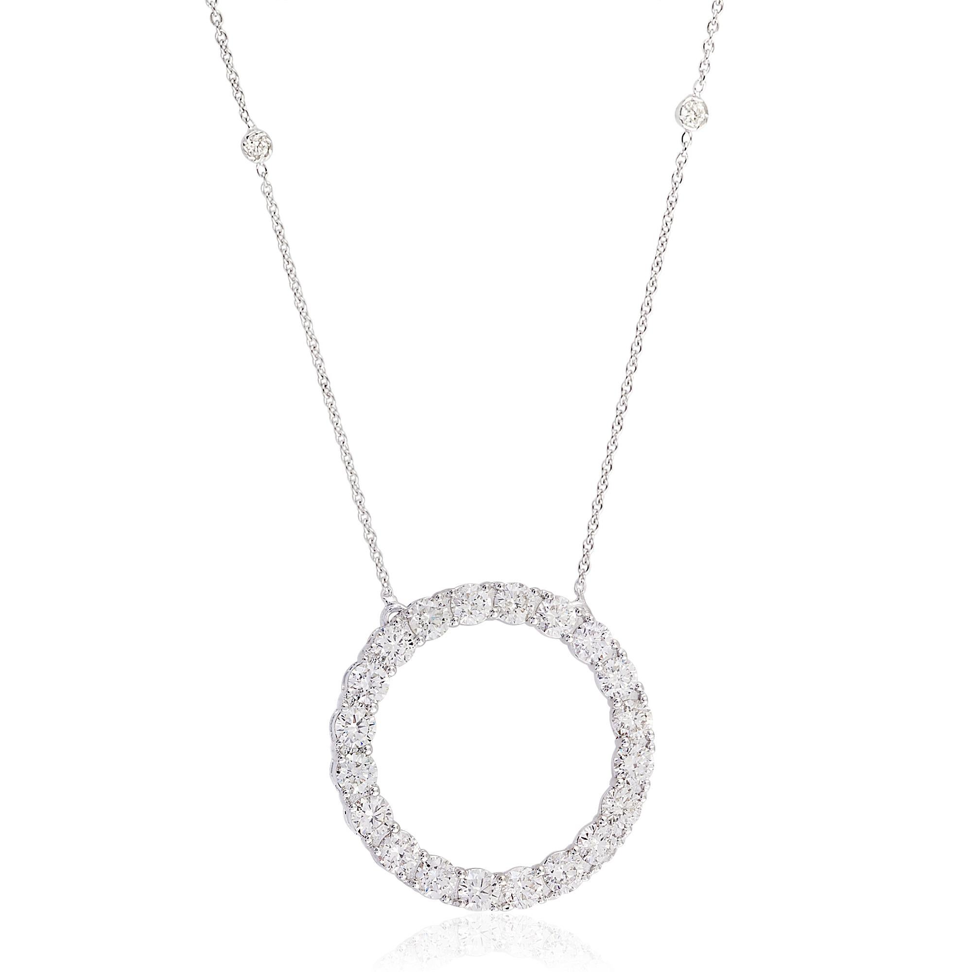 The focal point of this necklace is the captivating circle charm pendant, encrusted with a total of 2.30 carats of pave-set diamonds. The diamonds, meticulously chosen for their exceptional clarity and brilliance, create a stunning display of