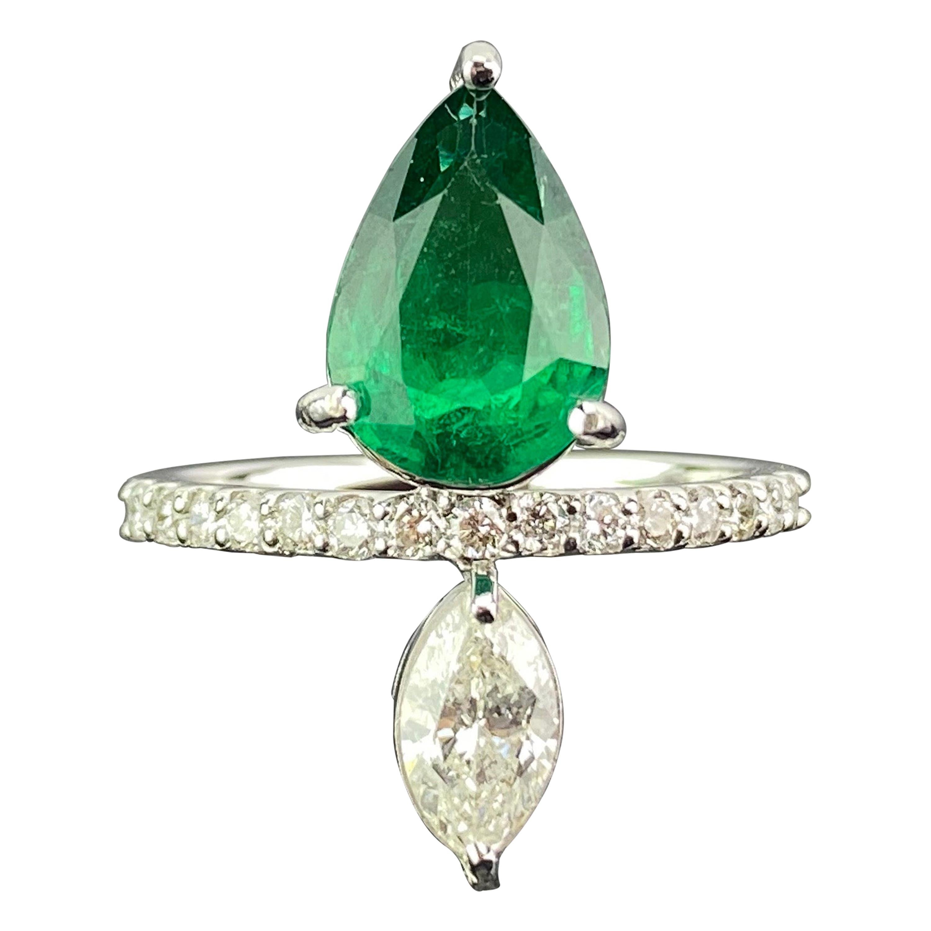 2.30 Carat Pear Shape Emerald and Diamond Marquise Ring