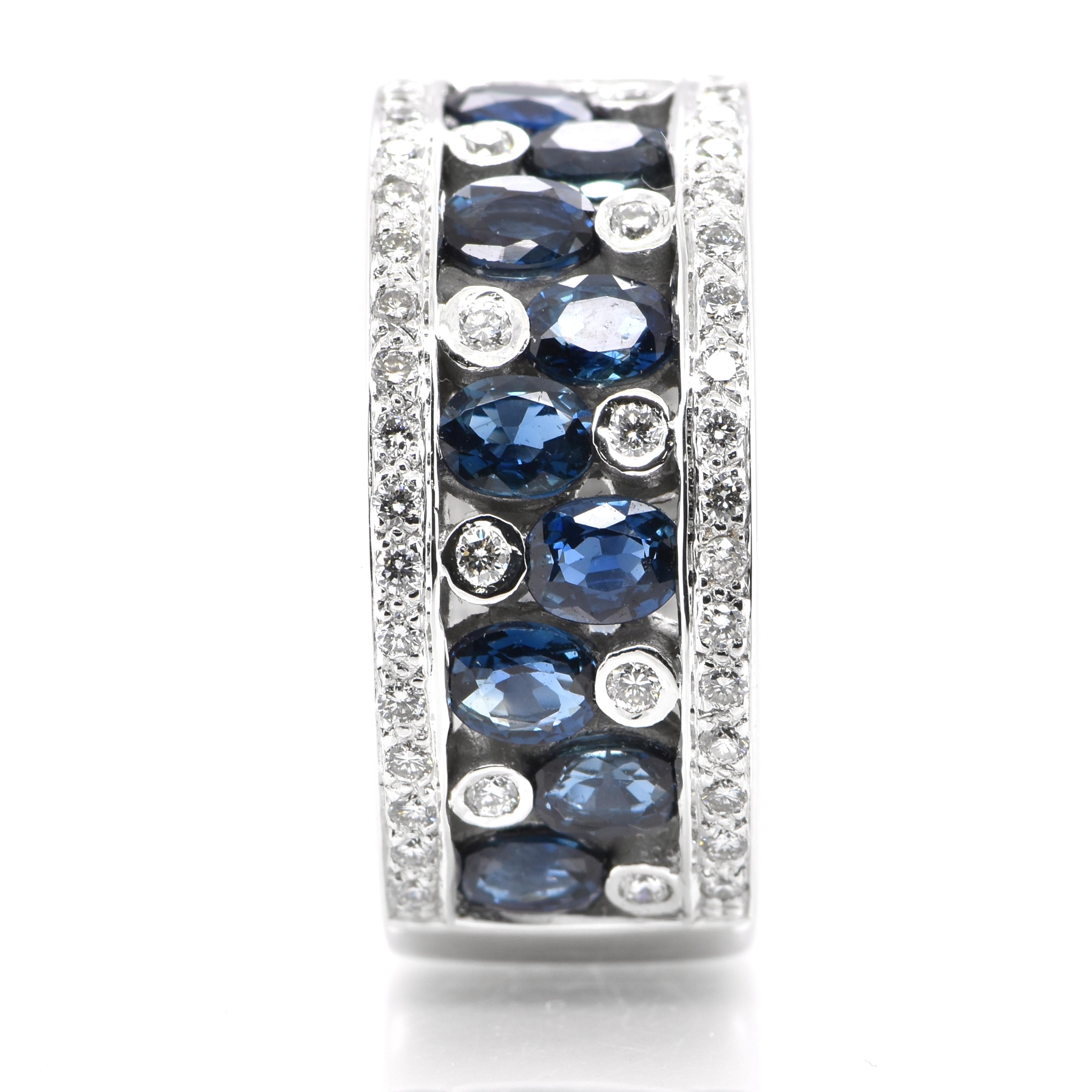 A beautiful half eternity band ring featuring 2.30 Carats Natural Princess Cut Sapphires and 0.65 Carats Diamond Accents set in 18 Karat White Gold. Sapphires have extraordinary durability - they excel in hardness as well as toughness and durability