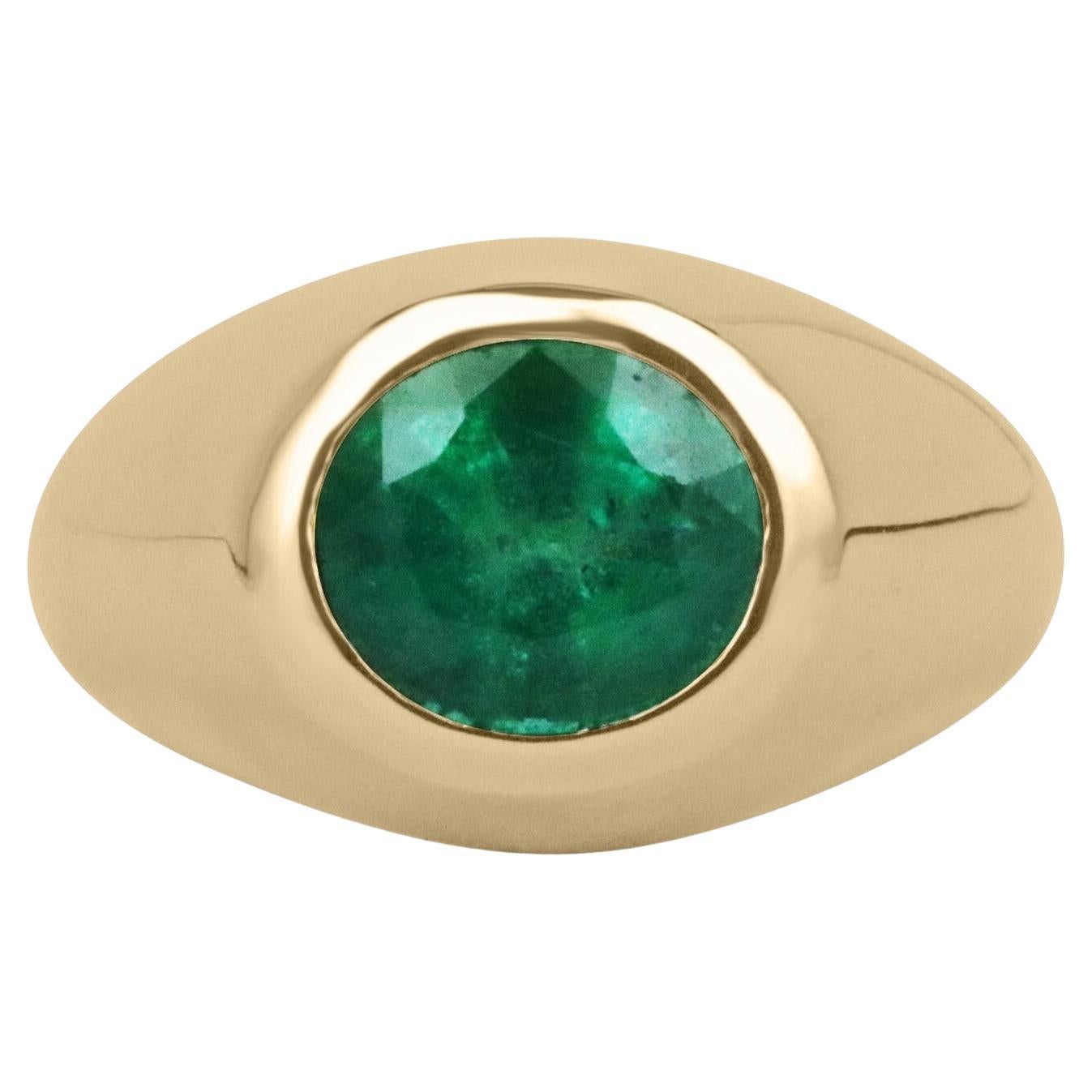 2.30 Carat Rich Dark Green Emerald Round Cut Unisex Gypsy Pinky Ring 18K For Sale