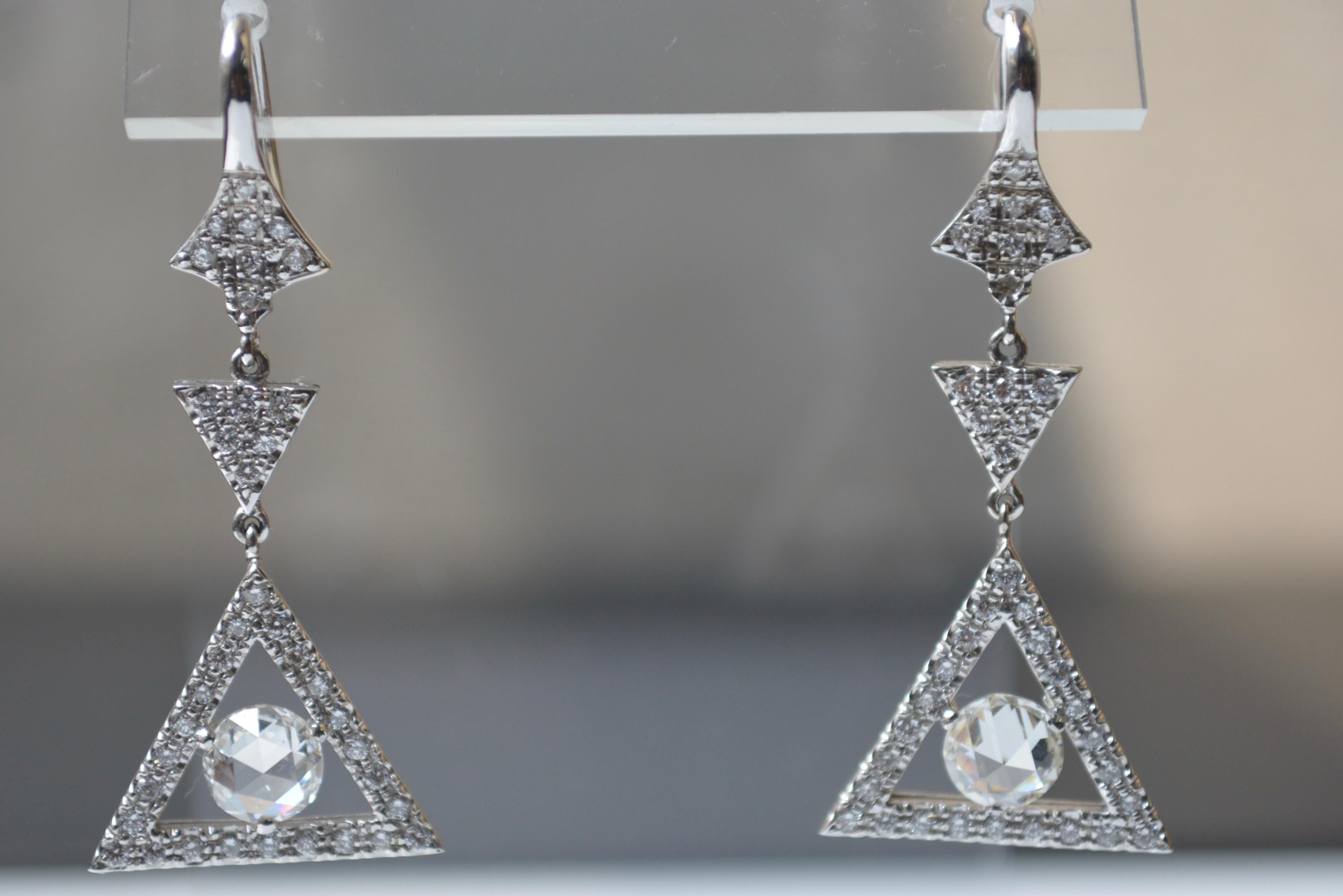 Contemporary 2.30 Carat Rose Cut Diamond And Circular Cut Diamond Dangle Earrings In 18 K For Sale