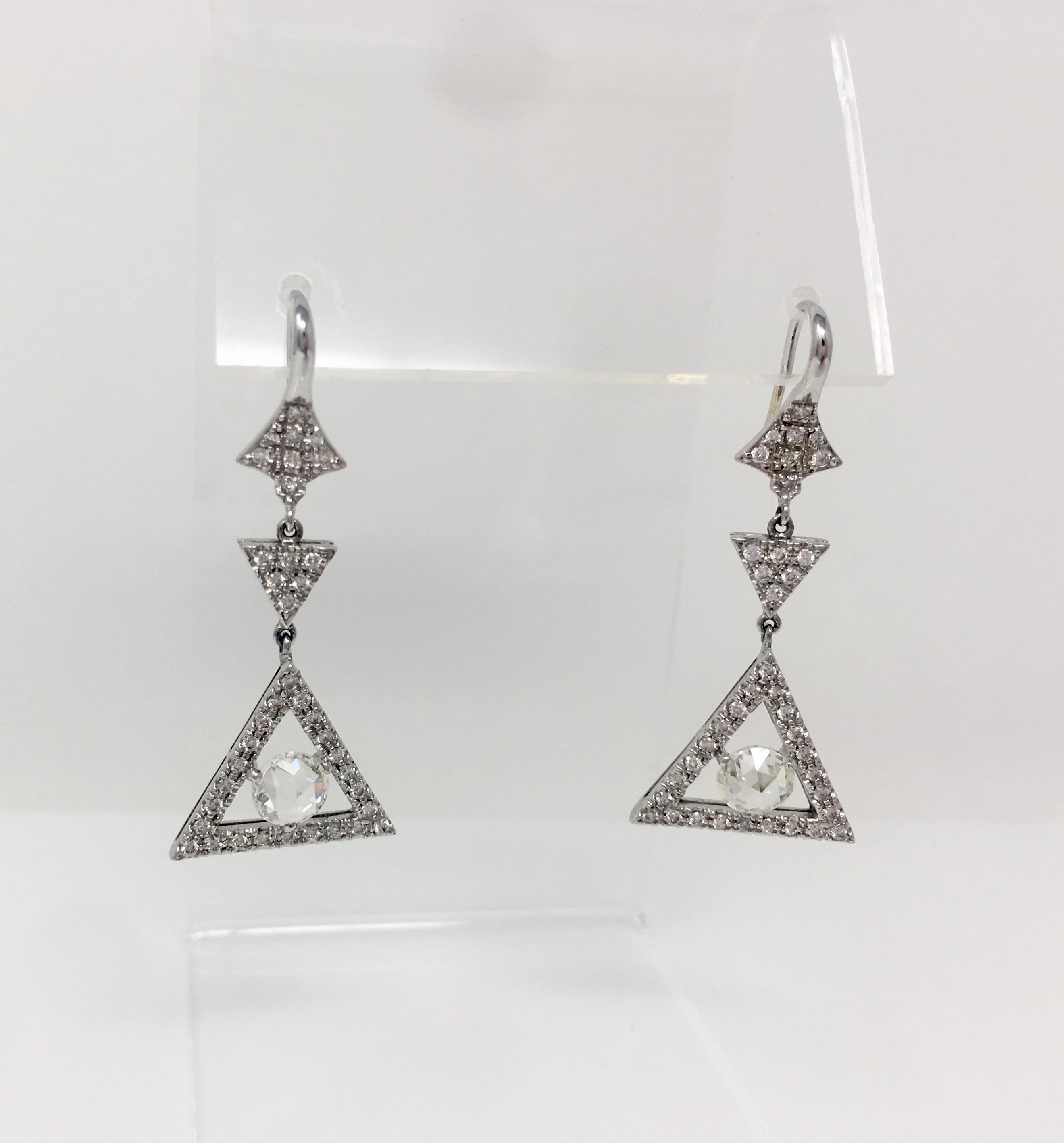 2.30 Carat Rose Cut Diamond And Circular Cut Diamond Dangle Earrings In 18 K For Sale 1