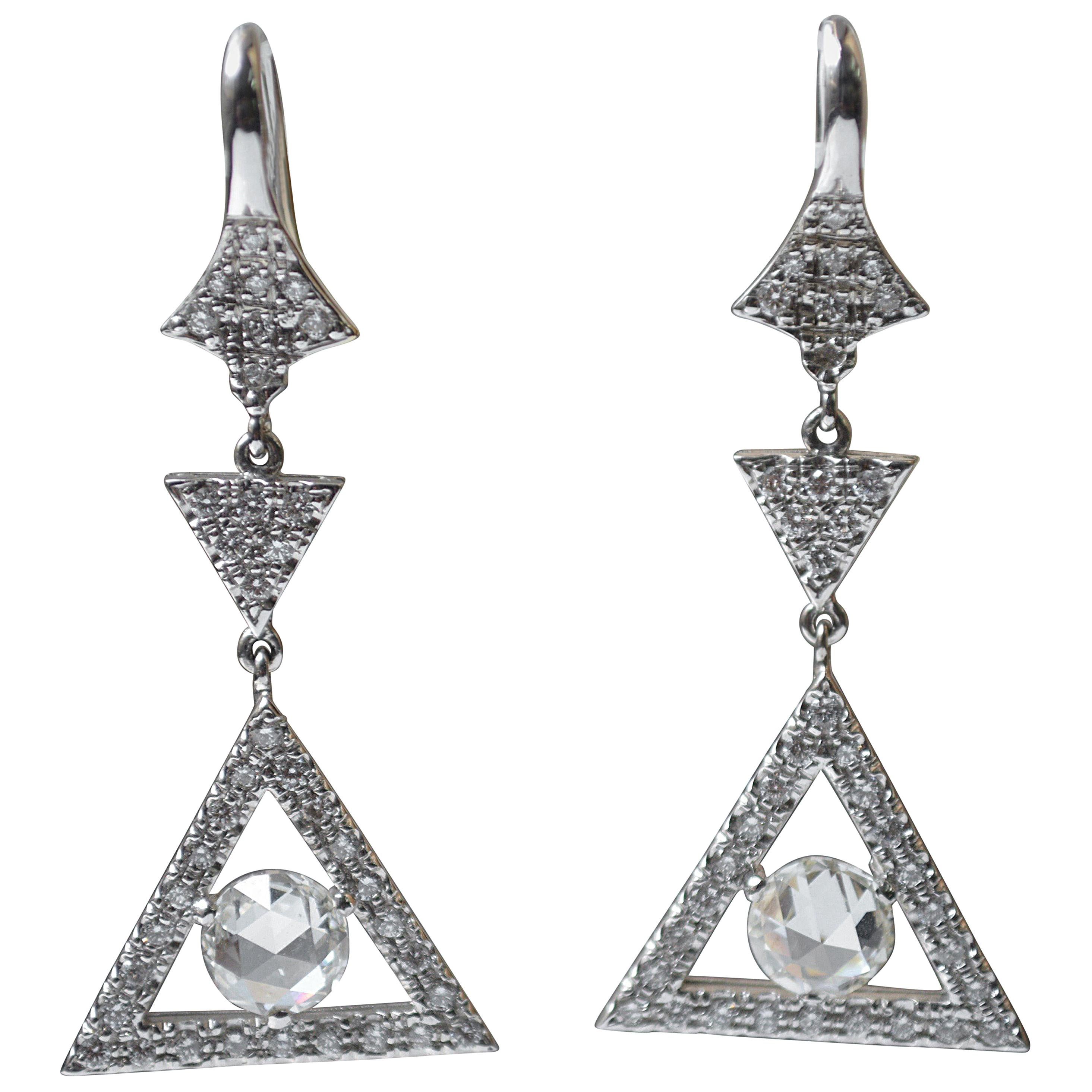 2.30 Carat Rose Cut Diamond And Circular Cut Diamond Dangle Earrings In 18 K For Sale