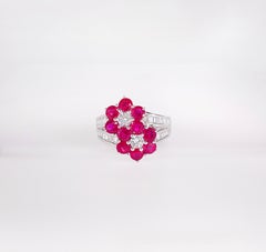 2.30 Carat Ruby and Diamond Floral Cluster Ring with Baguette and Round Diamonds