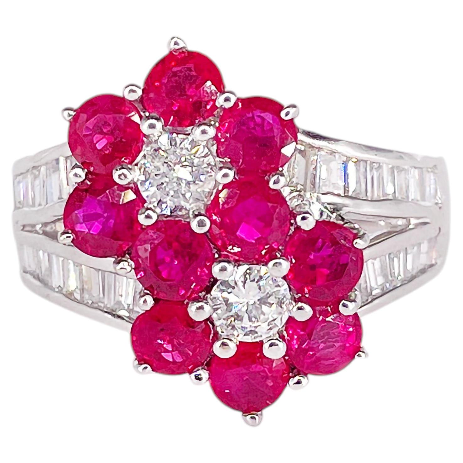 2.30 Carat Ruby and Diamond Floral Cluster Ring with Baguette and Round Diamonds