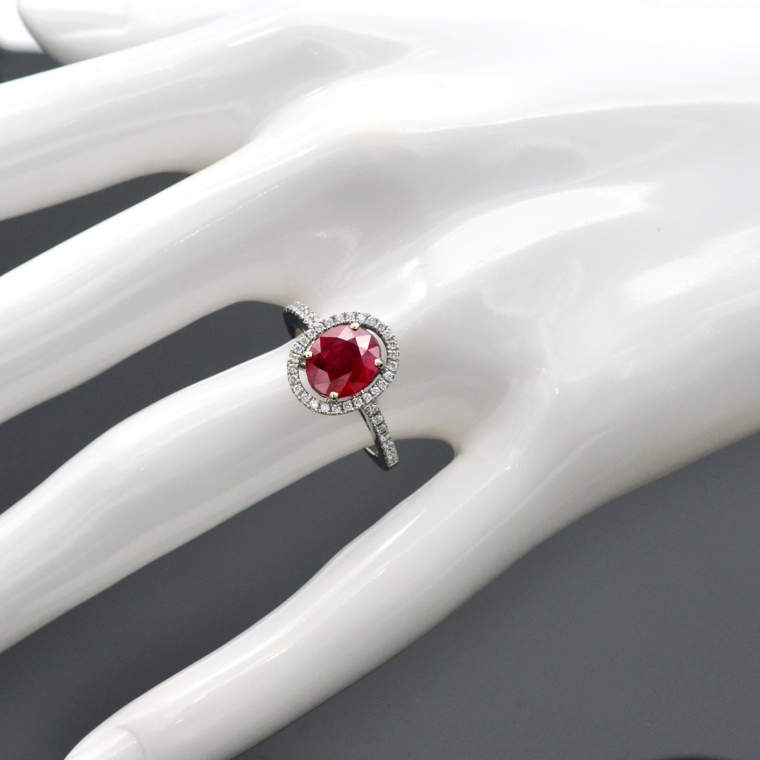 Contemporary 2.30 Carat Ruby Diamond Halo Ring For Sale