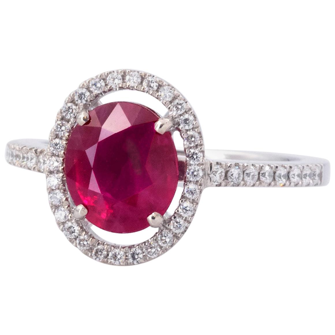 2.30 Carat Ruby Diamond Halo Ring For Sale