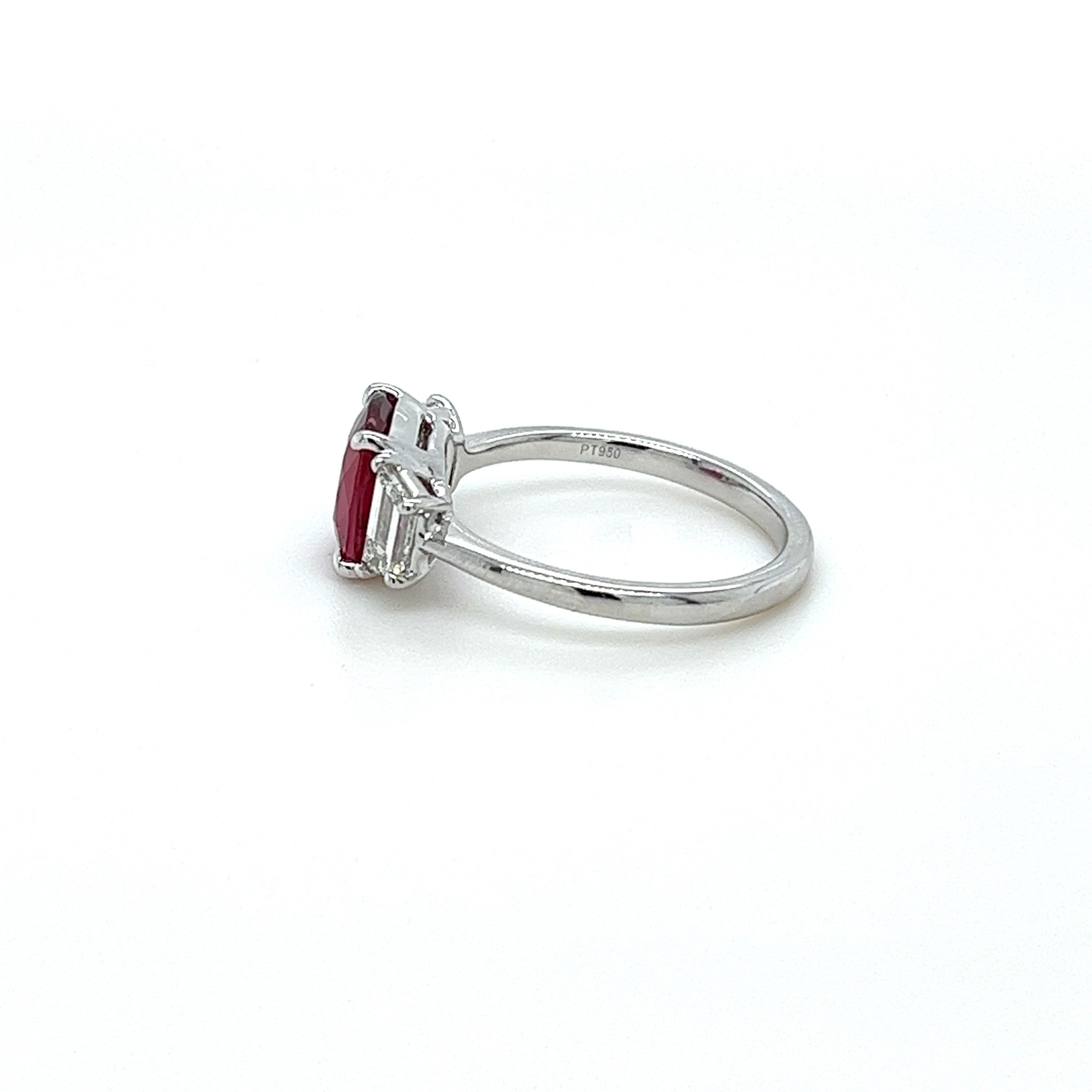Modern 2.30 Carat Ruby & Diamond Three Stone Ring in Platinum For Sale