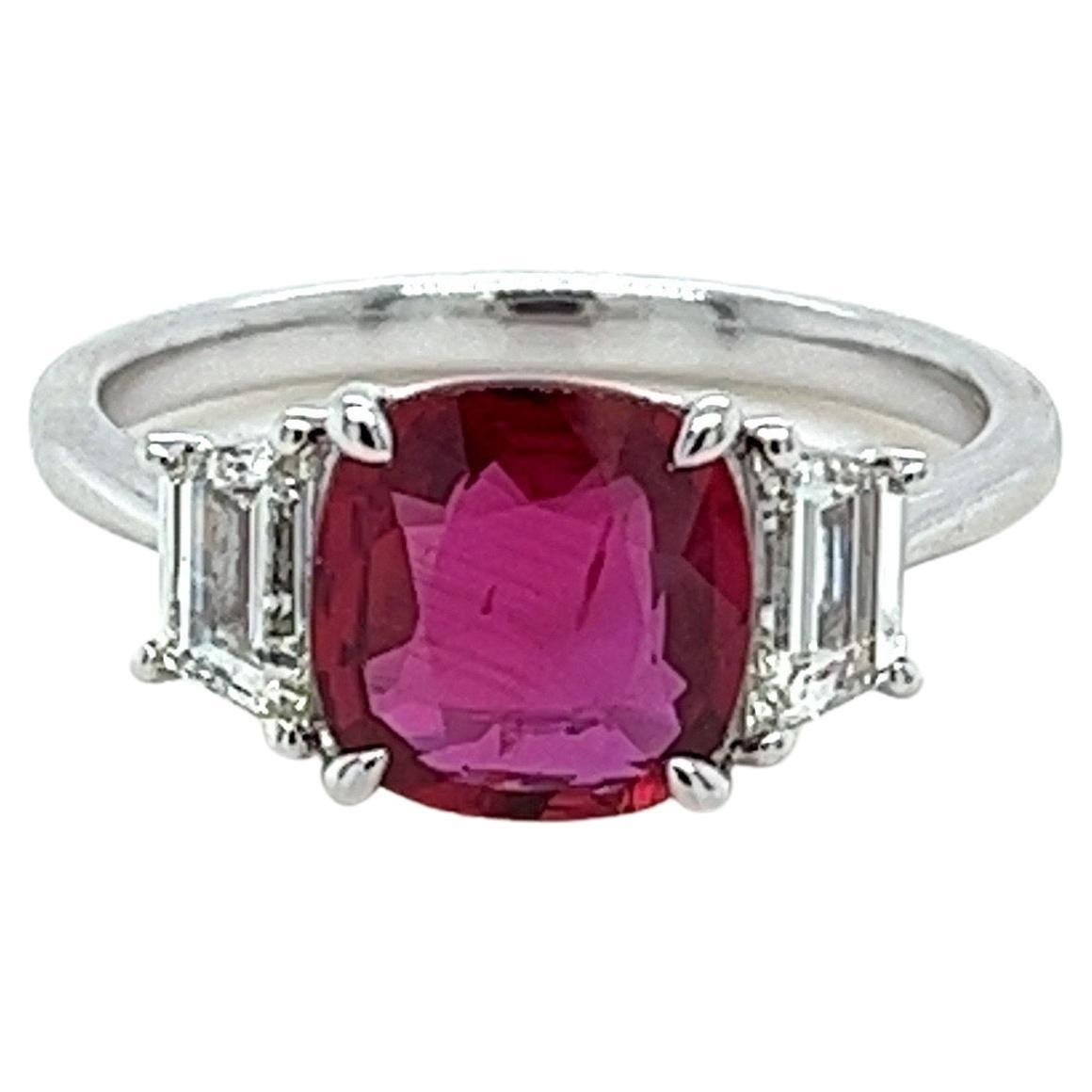 2.30 Carat Ruby & Diamond Three Stone Ring in Platinum For Sale