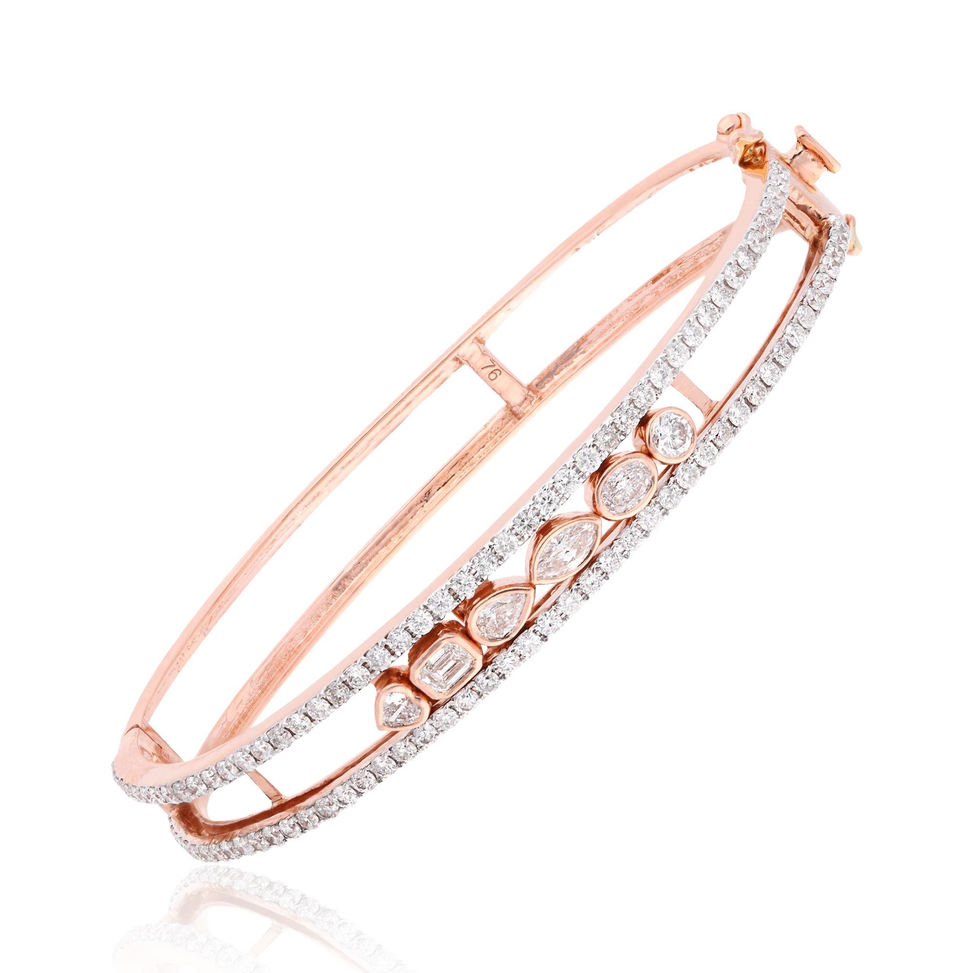 Item Code :- SEB-6324 (14k)
Gross Weight :- 13.32 gm
18k Rose Gold Weight :- 12.86 gm
Diamond Weight :- 2.30 carat  ( AVERAGE DIAMOND CLARITY SI1-SI2 & COLOR H-I )
Bracelet Size :- 59 mm approx. 
✦ Sizing
.....................
We can adjust most