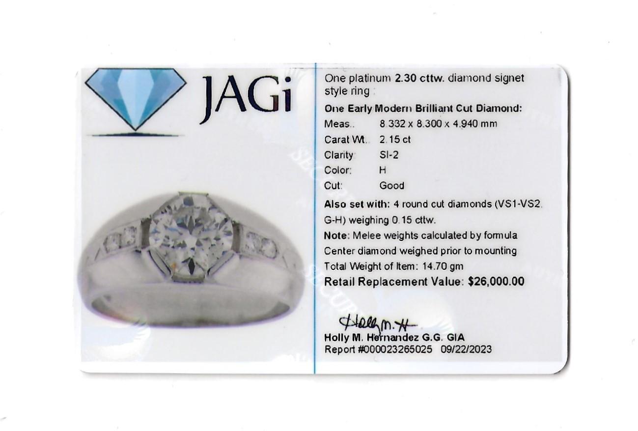 2.30 Carat Total Men's Vintage Early Modern Brilliant Cut Diamond Signet Ring  For Sale 7