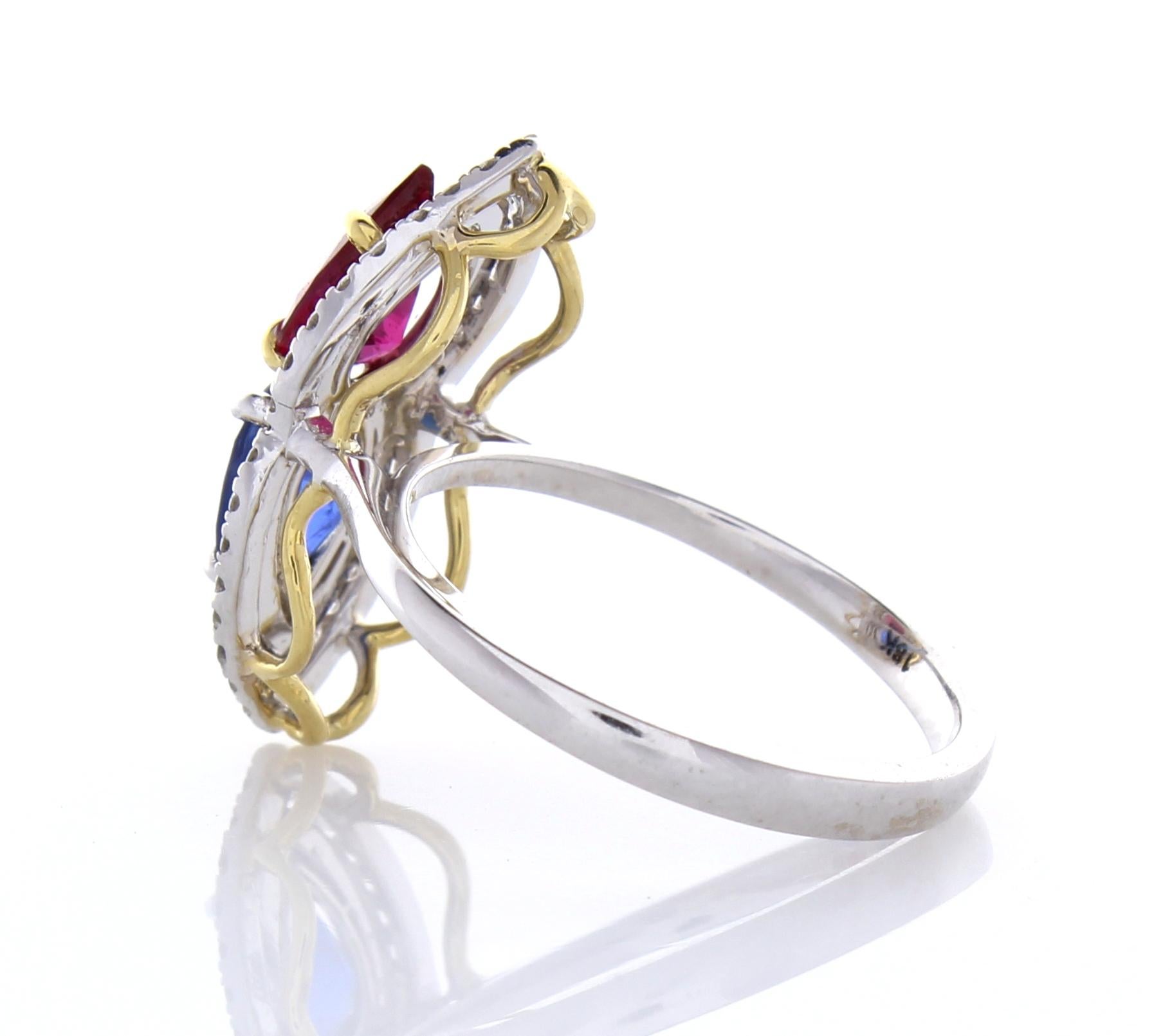 Contemporary 2.30 Carat Total Pear shaped Ruby & Blue Sapphire Diamond Cocktail ring In 18K