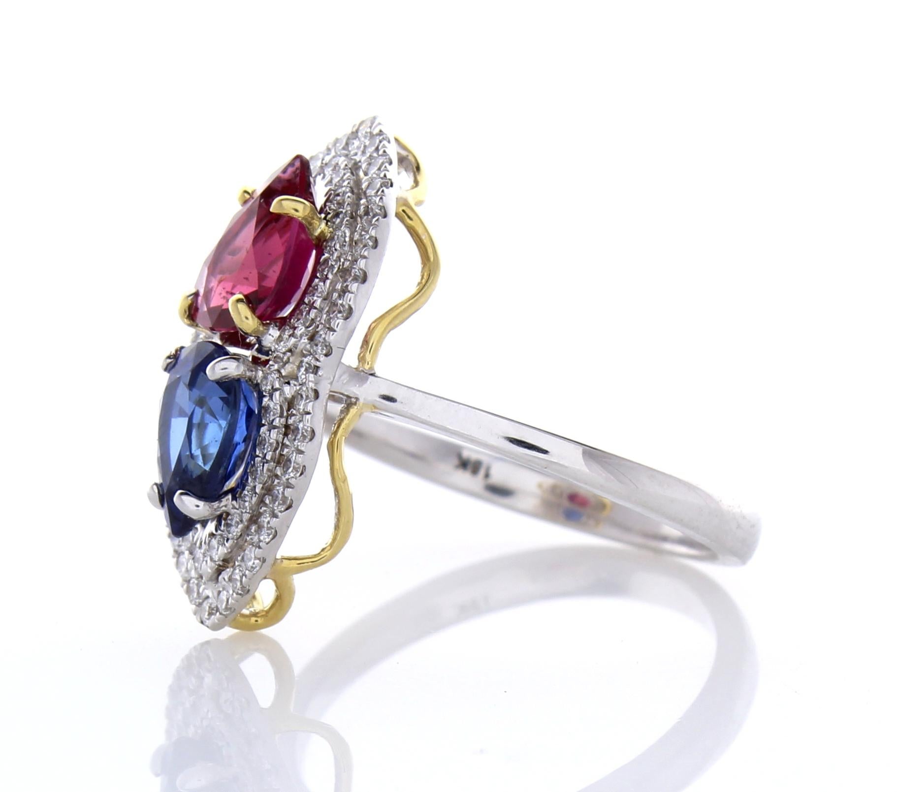 2.30 Carat Total Pear shaped Ruby & Blue Sapphire Diamond Cocktail ring In 18K In New Condition In Chicago, IL
