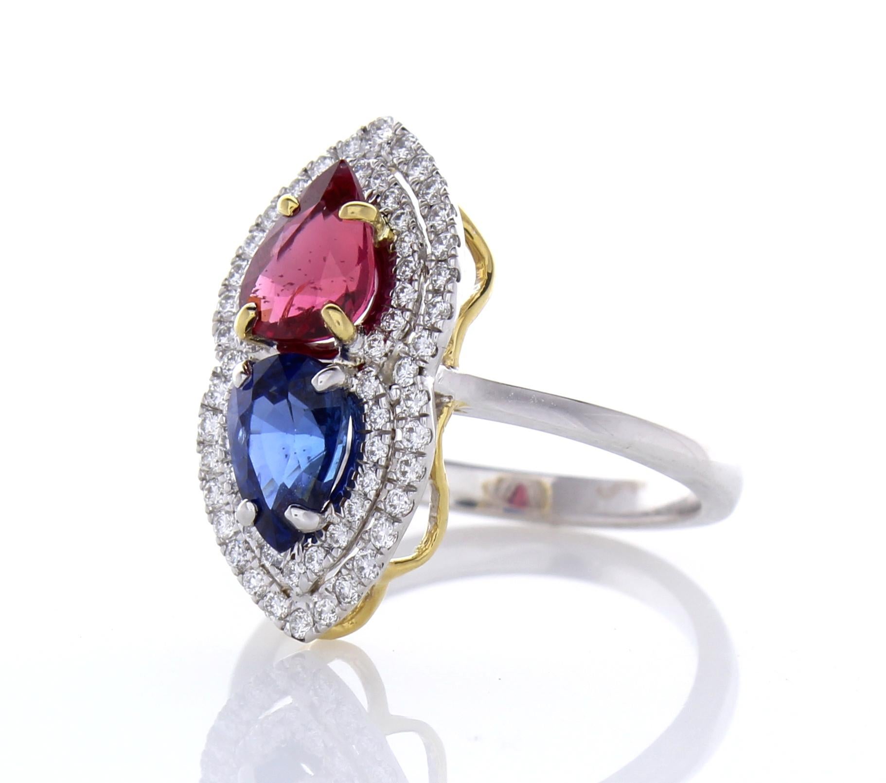 2.30 Carat Total Pear shaped Ruby & Blue Sapphire Diamond Cocktail ring In 18K 1