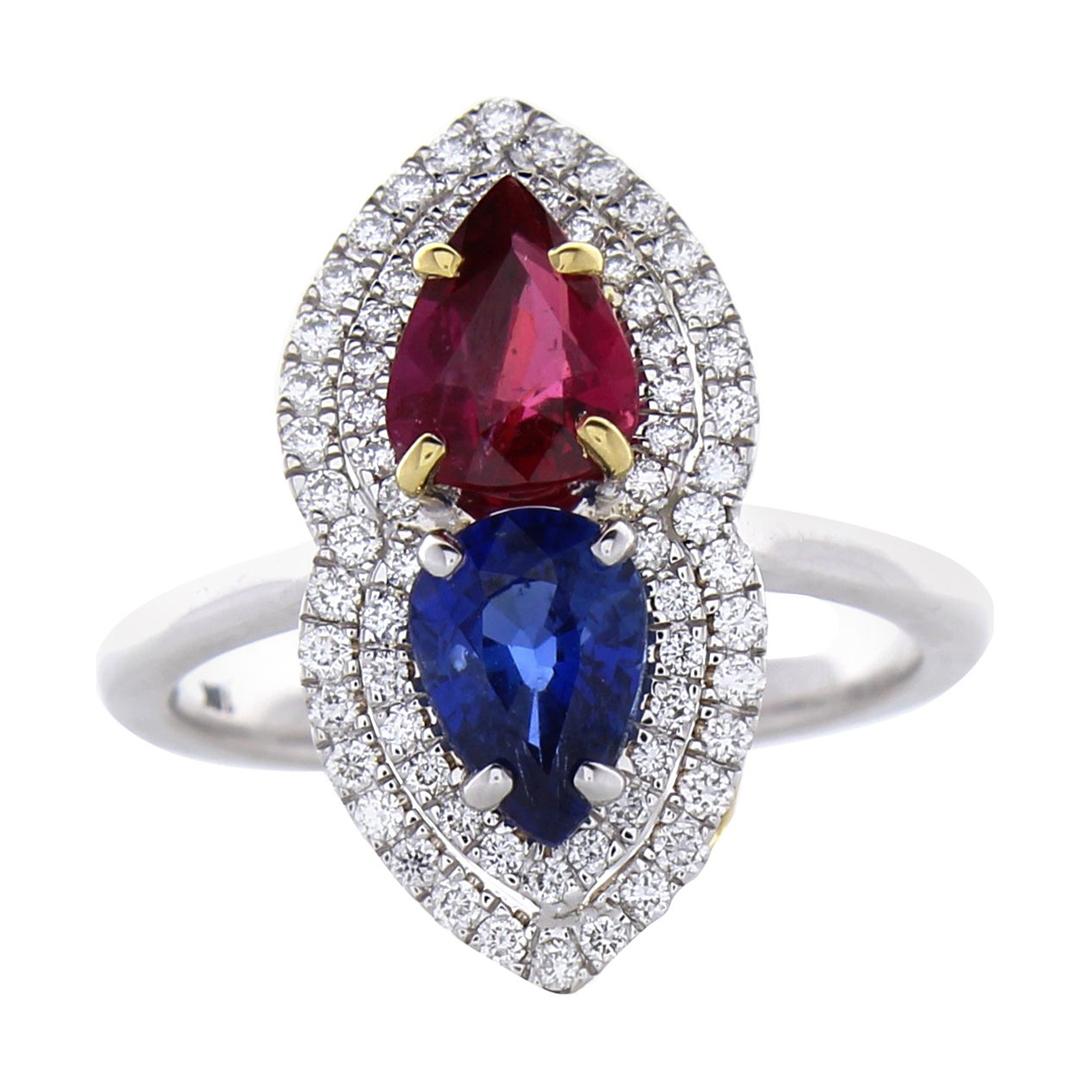 2.30 Carat Total Pear shaped Ruby & Blue Sapphire Diamond Cocktail ring In 18K