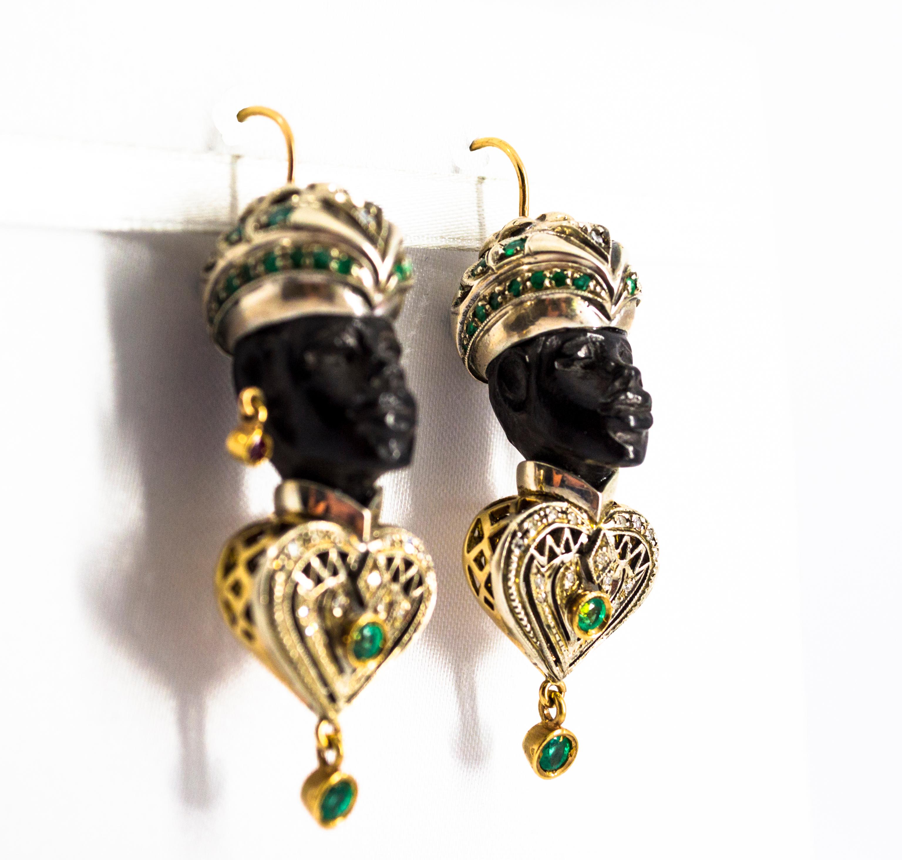 2.30 Carat White Diamond Emerald Ruby Ebony Yellow Gold Moor of Venice Earrings im Zustand „Neu“ in Naples, IT