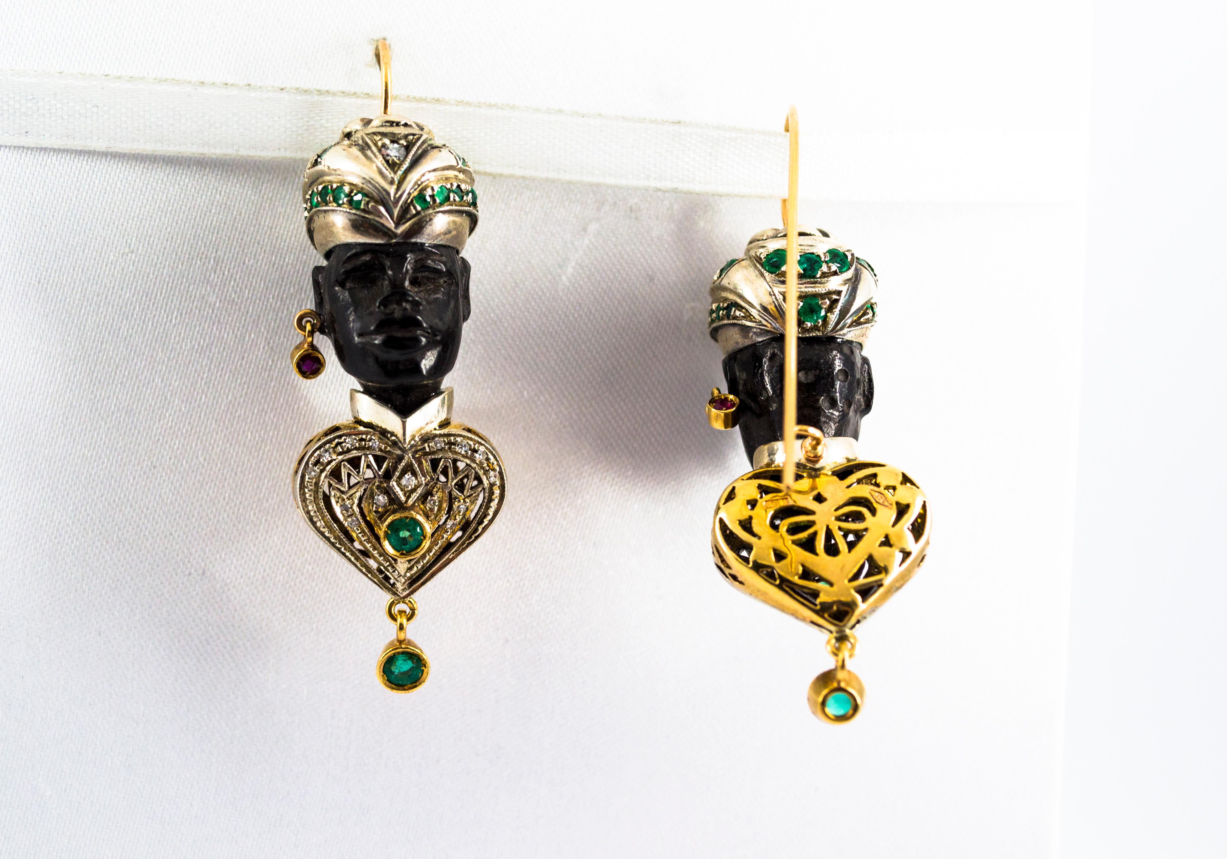 2.30 Carat White Diamond Emerald Ruby Ebony Yellow Gold Moor of Venice Earrings 1