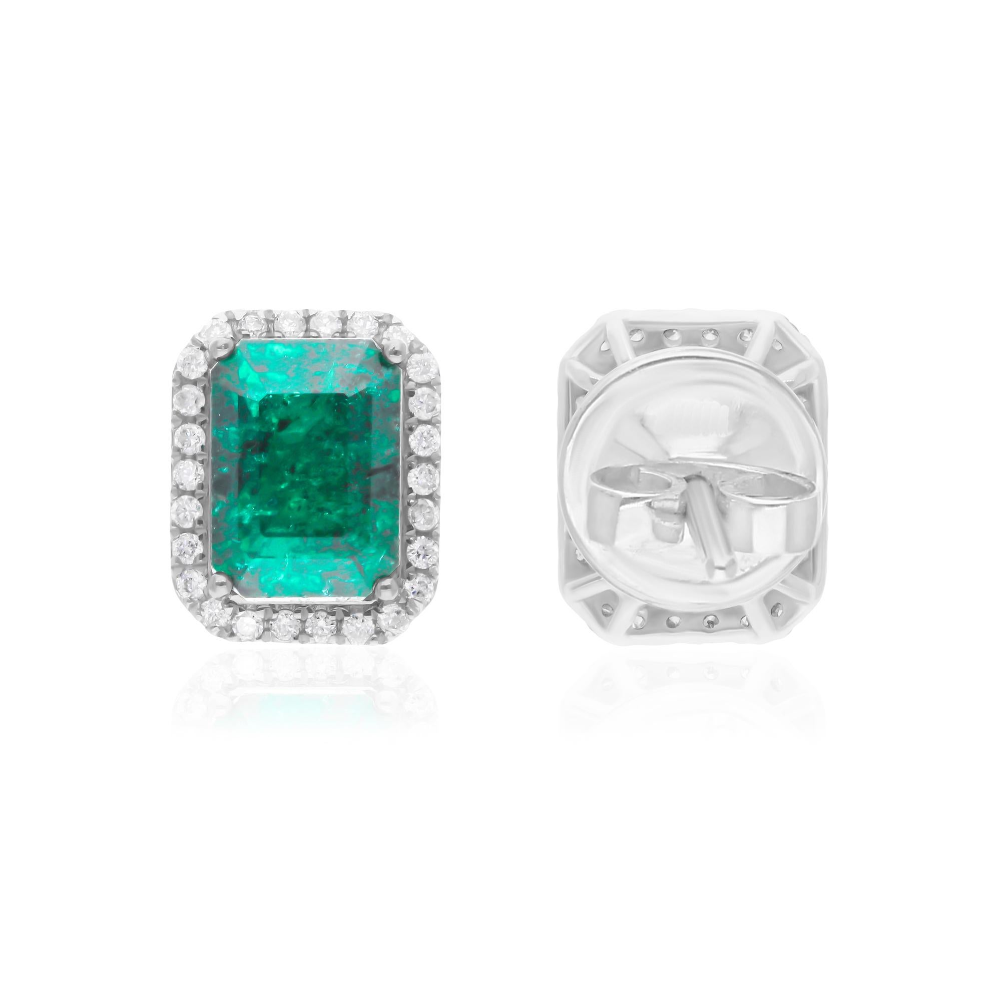 Emerald Cut 2.30 Carat Zambian Emerald 0.17 Carat SI/H Diamond 14 Karat White Gold Earrings For Sale
