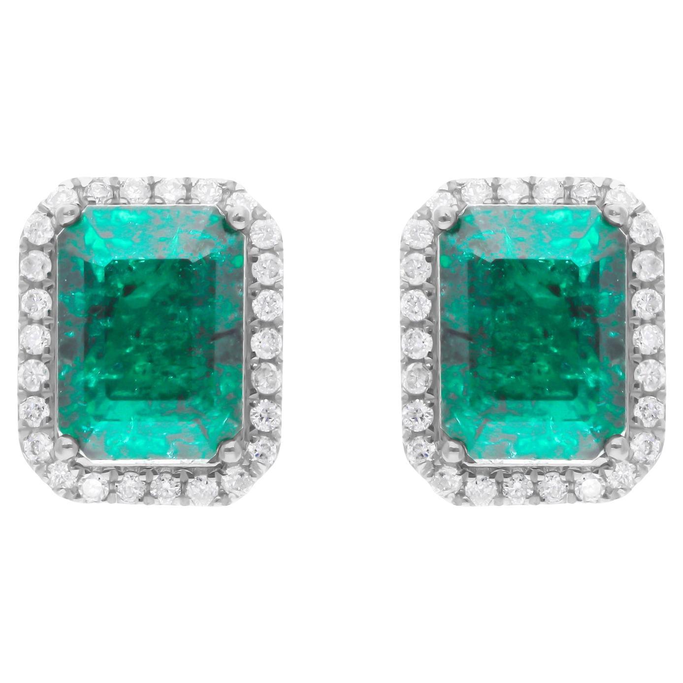 2.30 Carat Zambian Emerald 0.17 Carat SI/H Diamond 14 Karat White Gold Earrings