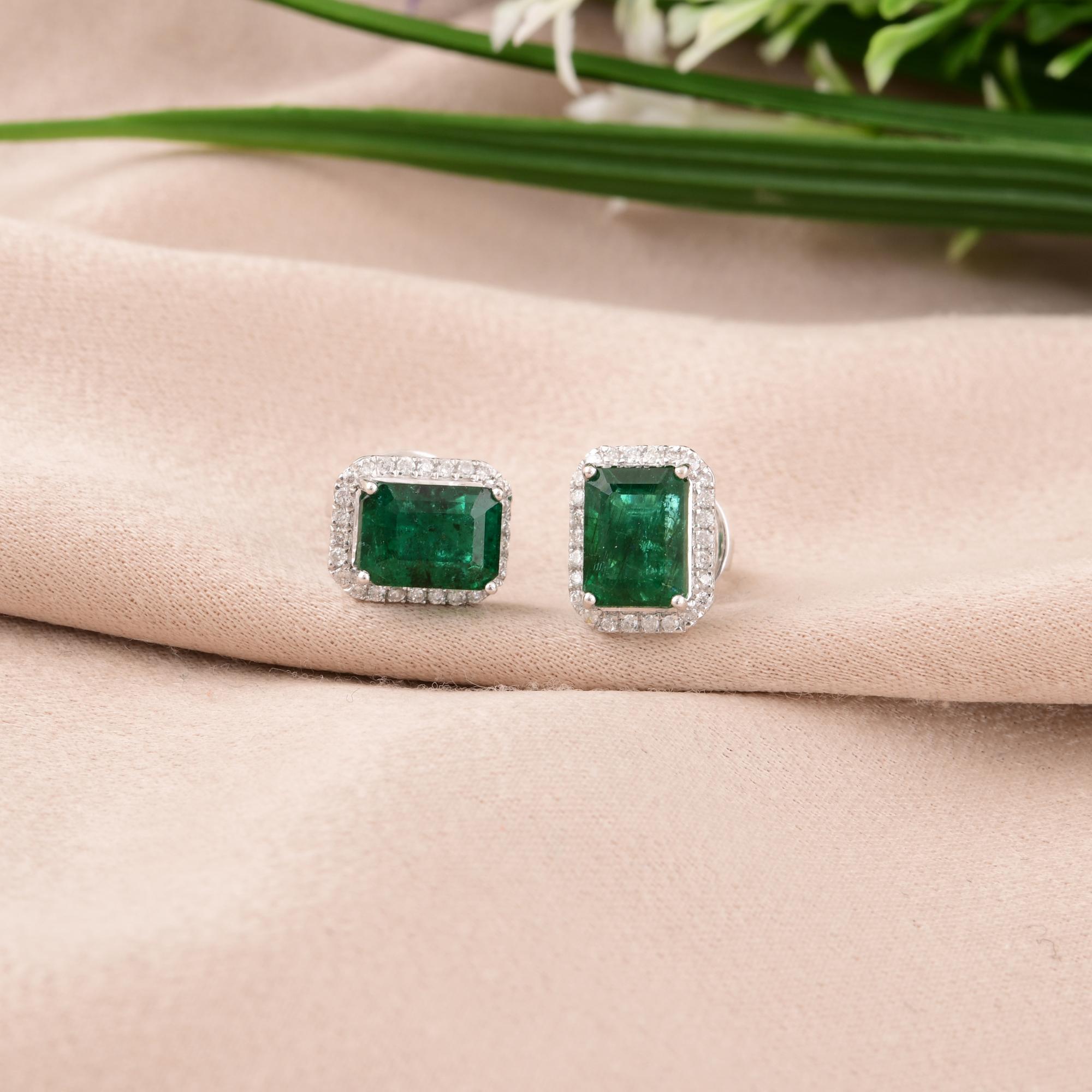 Emerald Cut 2.30 Carat Zambian Emerald 0.17 Carat SI/H Diamond 18 Karat White Gold Earrings For Sale