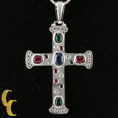 2.30 Carat 14 Karat Gold Cross with Diamond Emerald Sapphire and Ruby Necklace
