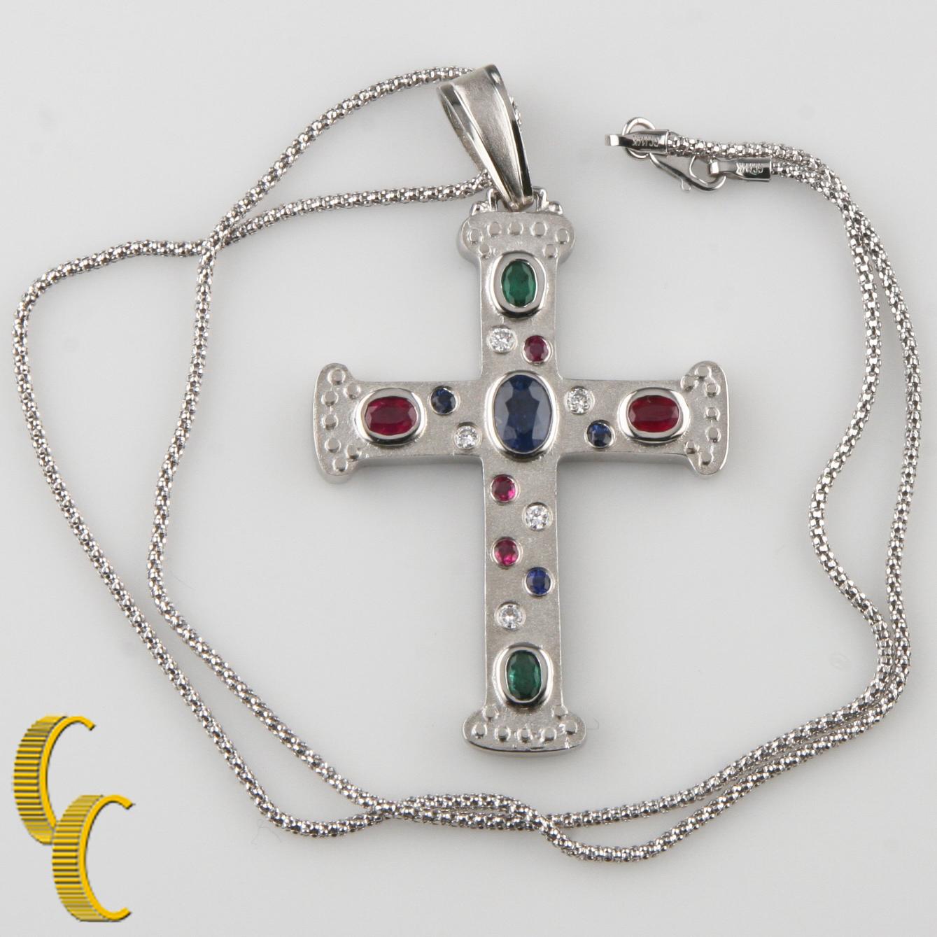 Croce in oro 14 carati da 2,30 carati con collana di diamanti, smeraldi, zaffiri e rubini In condizioni buone in vendita a Sherman Oaks, CA